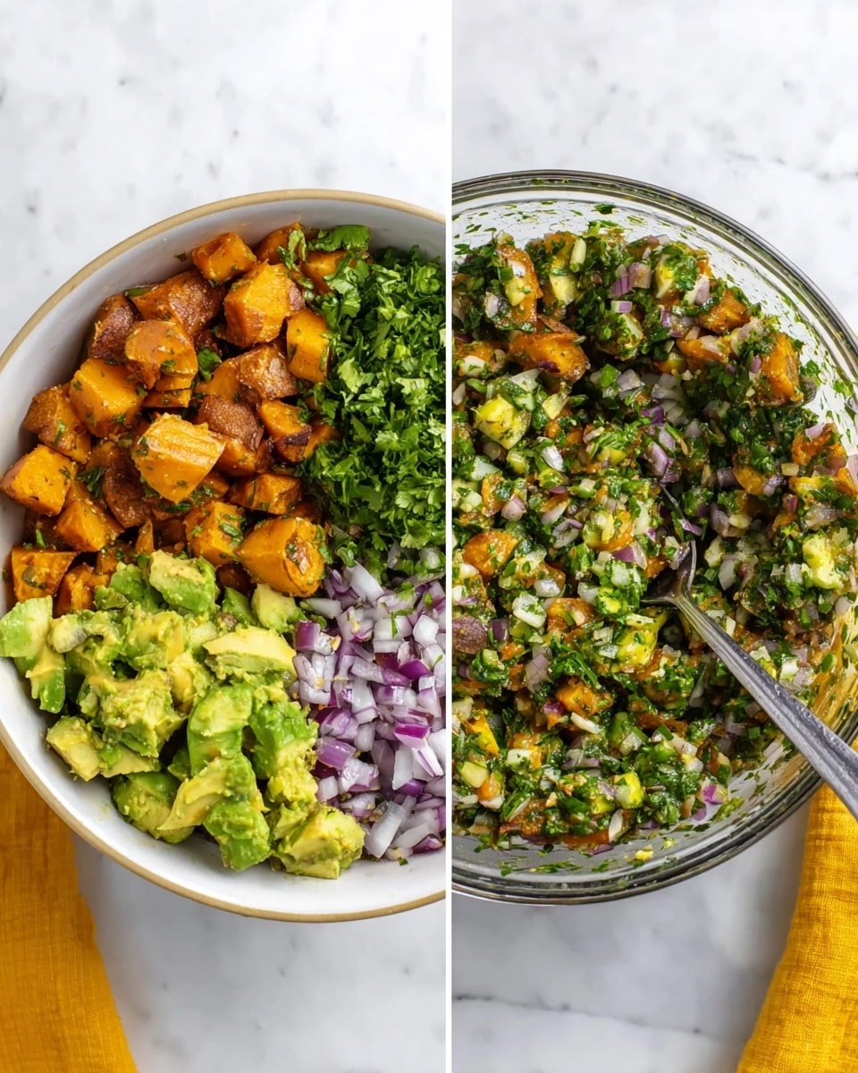 The image on the left shows a bowl with four clear layers arranged in separate sections: golden-brown cooked sweet potatoes, bright green chopped avocado, finely chopped fresh green herbs, and small pieces of purple onion. The bowl sits on a white marbled surface with a white marbled background, and a yellow cloth is placed underneath part of the bowl. The image on the right shows the same bowl where all the ingredients have been mixed together, creating a colorful mixture of green herbs, avocado pieces, purple onion bits, and sweet potatoes all combined with a spoon inside the bowl. Photo taken with an iphone --ar 4:5 --v 7