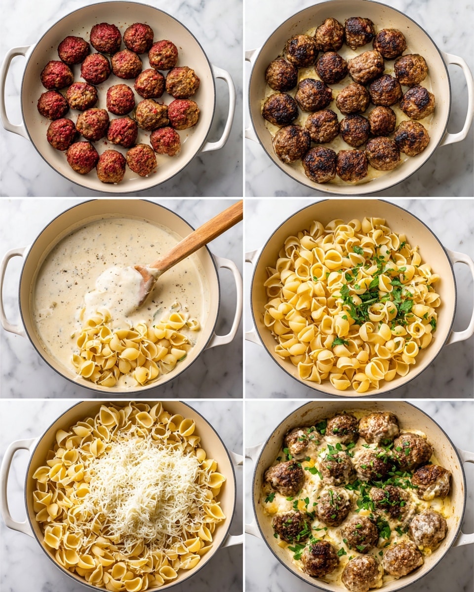 The image shows a step-by-step cooking process in a white pan on a white marbled surface. First, raw red meatballs are placed evenly in the pan, then browned to a dark brown color. Next, a creamy white sauce is stirred with a wooden spoon, followed by adding uncooked yellow pasta shells into the sauce. The pasta is stirred and soaked in the sauce, then grated white cheese is sprinkled on top. Cooked browned meatballs are placed back, mixed with the creamy pasta. The final dish is a white pan filled with golden pasta shells and browned meatballs, garnished with fresh green herbs. Photo taken with an iphone --ar 4:5 --v 7