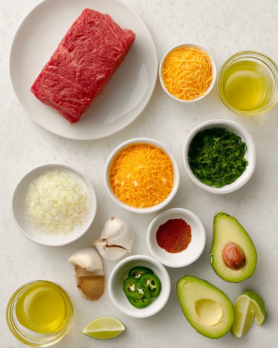 The image shows ingredients neatly arranged on a white marbled background. At the top left is a white plate holding a large piece of raw red meat. Surrounding it are small white bowls and containers: one with bright yellow shredded cheese, another with white rice, and one with finely chopped white onions. There are also two garlic cloves, a bowl of chopped fresh green herbs, a small bowl of red spices, another with a light brown spice, and a third bowl containing bright green chili slices. Portions of fresh avocado and lime wedges are placed at the bottom right. Small clear glasses hold yellow and clear liquids, and overall the colors range from red and green to yellow and white, all arranged neatly in a flat lay style. Photo taken with an iphone --ar 4:5 --v 7