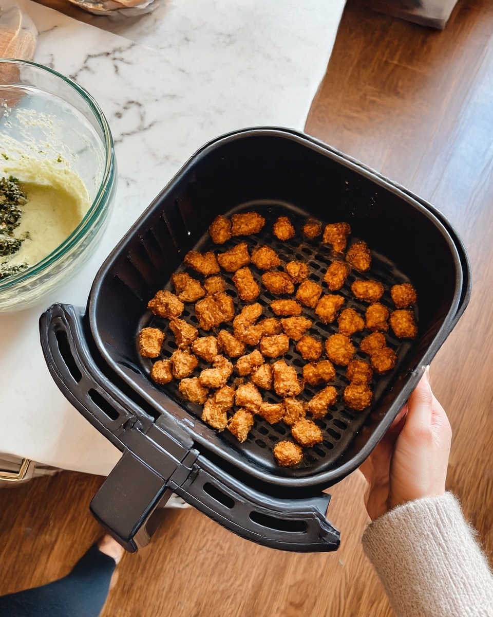 A close-up view of a black air fryer basket filled with many small, golden-brown crispy pieces of cooked food evenly spread inside. The basket has a handle on the right being held by a woman's hand, lifting it above a white marbled kitchen counter. To the left, there is a clear glass bowl with a creamy green mixture inside. The background shows wooden floorboards and a hint of a white marbled countertop. Photo taken with an iphone --ar 4:5 --v 7