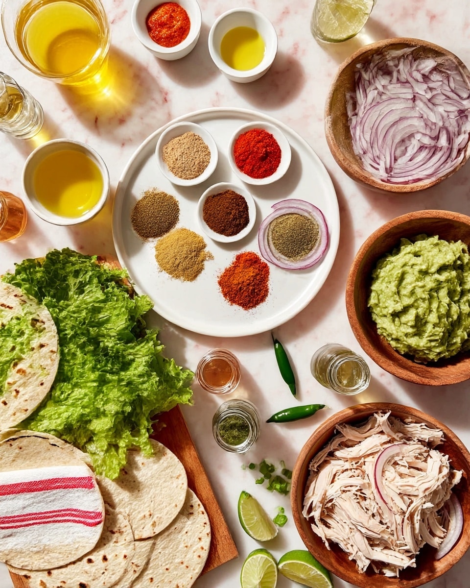 A spread of ingredients arranged on a white marbled surface: a white plate in the center holds six different spices in small mounds, showing red, brown, and beige colors; above it, there are small white bowls with a yellow liquid and a red paste, and a wooden bowl with green guacamole. To the right, a wooden bowl holds thinly sliced purple onions, while below it another wooden bowl contains shredded cooked chicken in light beige tones. At the bottom left, several round flatbreads wrapped in a white cloth with red stripes rest close to a wooden board piled with leafy green lettuce and chopped herbs, with lime wedges nearby. Small jars and containers hold liquids and diced green chilies scattered around the space. The overall tone is fresh and colorful, lit with natural light. Photo taken with an iphone --ar 4:5 --v 7