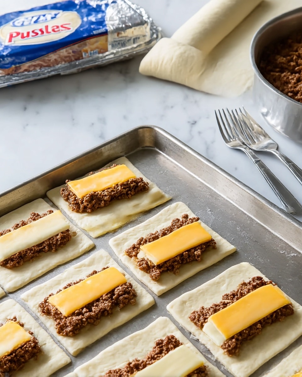 The image shows a metal baking tray on a white marbled surface with rectangles of light, uncooked dough spread out evenly. Each dough rectangle has a base layer of cooked brown ground meat placed near the middle, topped by a long bar of yellow and white marbled cheese positioned on top of the meat. Behind the tray, a roll of Pillsbury Classic Pizza Crust sits partially unwrapped, and there are two shiny silver forks and a covered pot with more cooked meat visible to the side. The whole scene has soft natural lighting and looks ready for baking. photo taken with an iphone --ar 4:5 --v 7