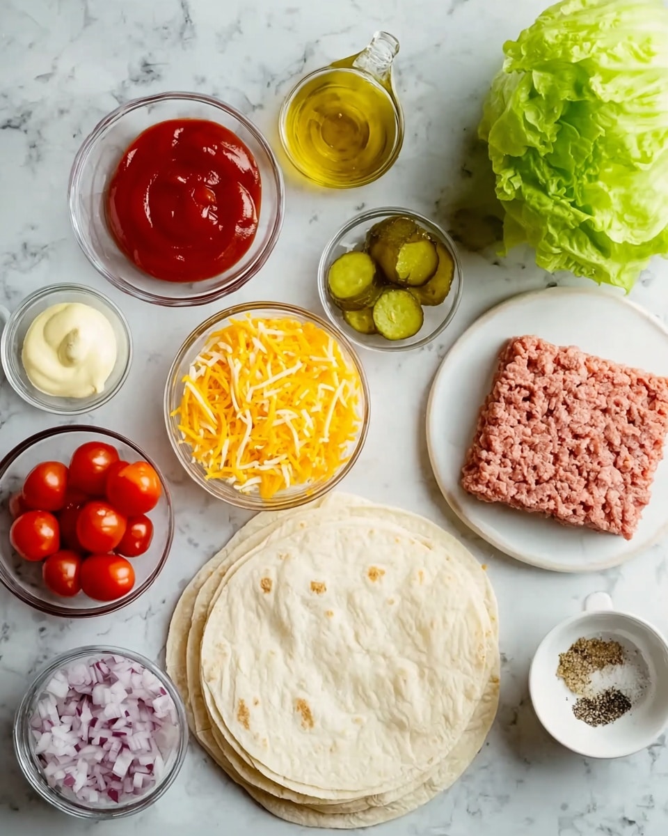 The image shows an arrangement of various ingredients on a white marbled surface, ready for making a dish. There is a stack of soft flour tortillas in the front center. Around it, layers of toppings and fillings include a white plate on the right holding raw ground meat in a square shape. In front and above the tortillas are clear glass bowls filled with bright yellow shredded cheddar cheese and sliced green pickles. To the left and above are small bowls containing ketchup, yellow mustard, finely chopped red onion, mayonnaise, cherry tomatoes, a small amount of black pepper and salt, and a small bowl with a light golden oil. In the top right corner, there is a whole green lettuce head. The variety of colors and textures create a fresh and organized look for assembling a layered dish photo taken with an iphone --ar 4:5 --v 7