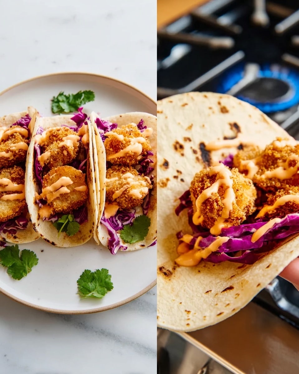 There is a close-up of three soft white tortillas filled with crispy golden-brown fried pieces, placed on a white plate. Each taco has a layer of shredded purple cabbage underneath the fried pieces, adding a bright pop of color. On top of the fried pieces, there are drizzles of a light orange creamy sauce, giving a smooth texture and contrast. Small green cilantro leaves are scattered around the tacos, adding freshness. The plate with tacos sits on a white marbled surface, visible softly in the background. The two images also show a woman’s hand holding a white tortilla over a gas stove blue flame. The tortilla is light yellow with slightly toasted spots, soft, and round. photo taken with an iphone --ar 4:5 --v 7