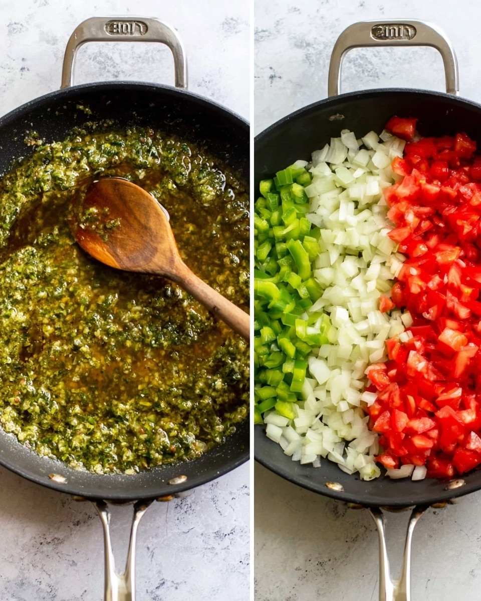 The left image shows a black pan with a silver handle sitting on a white marbled surface, filled with a green herb sauce mixed in oil, with a wooden spoon resting inside the pan. The right image shows the same black pan and surface, now filled with three layers of chopped vegetables: diced white onion on the left, diced green bell pepper on the top right, and diced red tomato on the bottom right, all unmixed. Photo taken with an iphone --ar 4:5 --v 7
