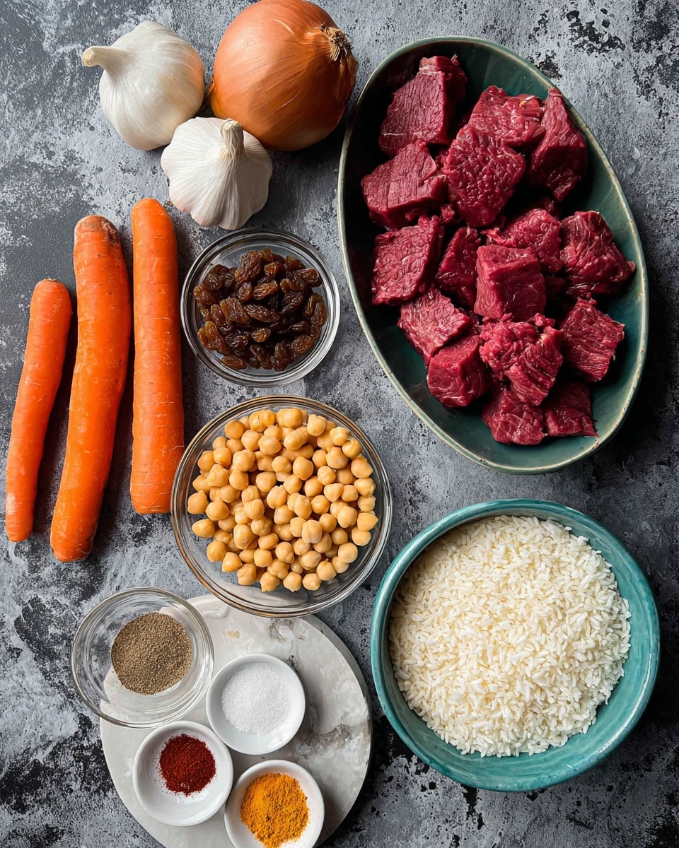 The image shows a flat lay of several cooking ingredients arranged on a textured dark surface. On the top left, there are two whole orange carrots and a brown onion next to a white garlic bulb. Below them, a small clear glass bowl is filled with dark golden raisins. To the right, a large oval bowl holds deep red cubes of raw meat with visible texture and marbling. Below that, a deep bowl with a white inside and turquoise outside contains light yellow chickpeas. Near the bottom, a clear glass bowl is filled with cooked white rice that appears fluffy. Near the center left, a small round white plate holds six piles of spices in varying colors: black pepper, salt, a brown powder, light yellow powder, red powder, and light brown powder. The background is changed to a white marbled texture. photo taken with an iphone --ar 4:5 --v 7