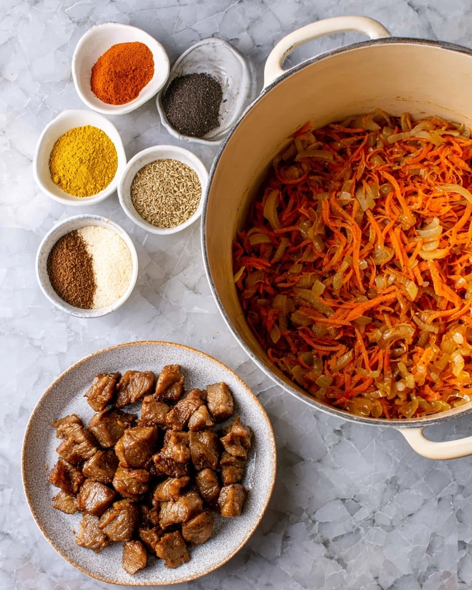 The image shows three main items arranged on a white marbled surface: on the right is a large cream-colored pot filled with a cooked mix of shredded orange carrots and translucent chopped onions, creating a textured, colorful mix inside the pot; to the left, there is a white bowl containing six separate piles of spices in distinct colors—yellow, black, white, brown, light brown, and red—forming a circle; below the bowl, a white plate holds many small pieces of browned cooked meat with a slightly crispy texture on the edges. Photo taken with an iphone --ar 4:5 --v 7