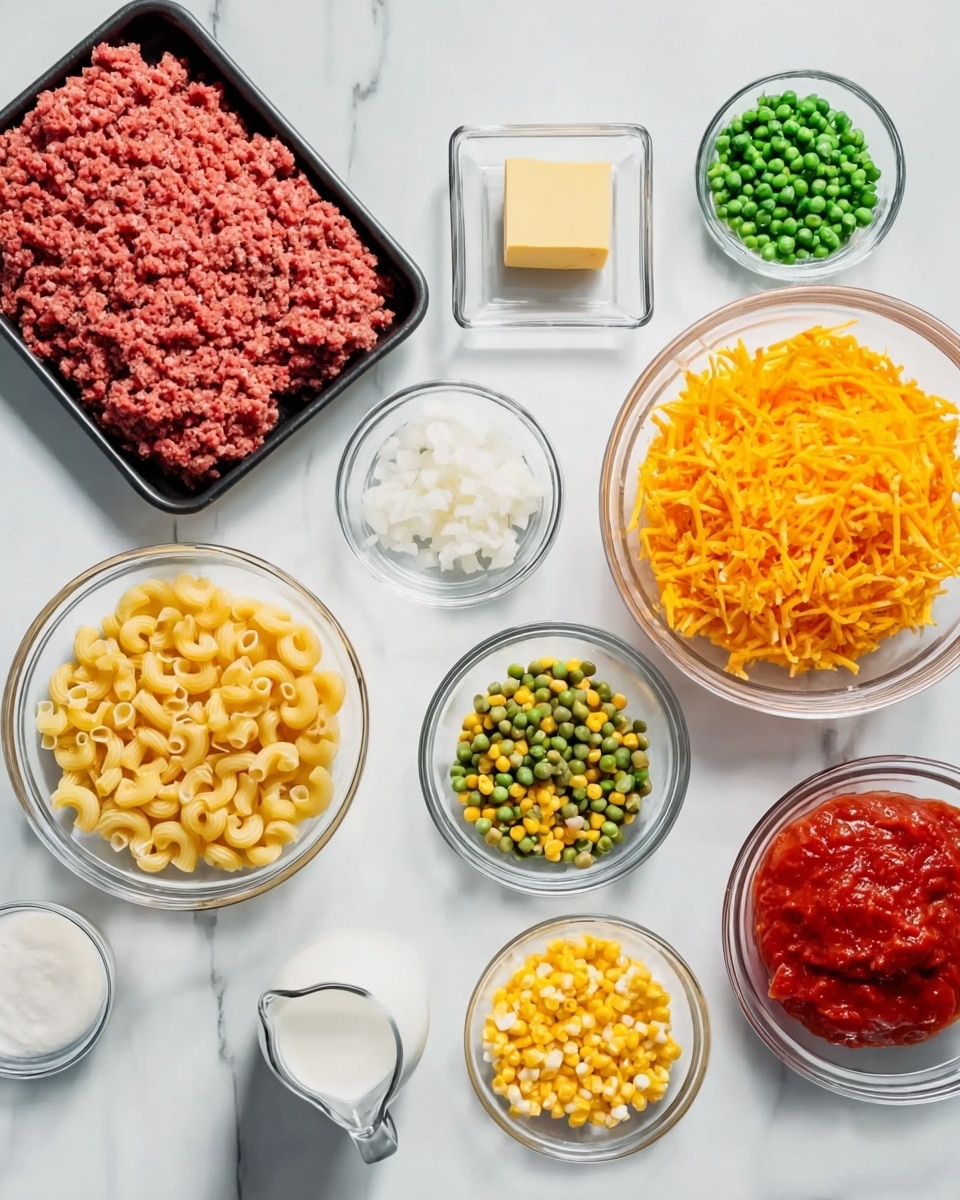 The image shows several ingredients in clear glass bowls and a black tray arranged on a white marbled surface. There is a black tray with raw ground meat in the top left corner. Nearby, a small glass bowl holds a square piece of butter. Next to it is a small bowl containing minced garlic. Two larger bowls feature yellow macaroni pasta and shredded orange cheese, one near the top right and the other near the bottom right. Smaller bowls contain green peas, chopped white onions, yellow corn kernels, and crushed tomatoes with juice. A small glass holds pepper, and a pitcher with milk is also visible toward the bottom left. All items are neatly placed with clear colors and textures visible. Photo taken with an iphone --ar 4:5 --v 7