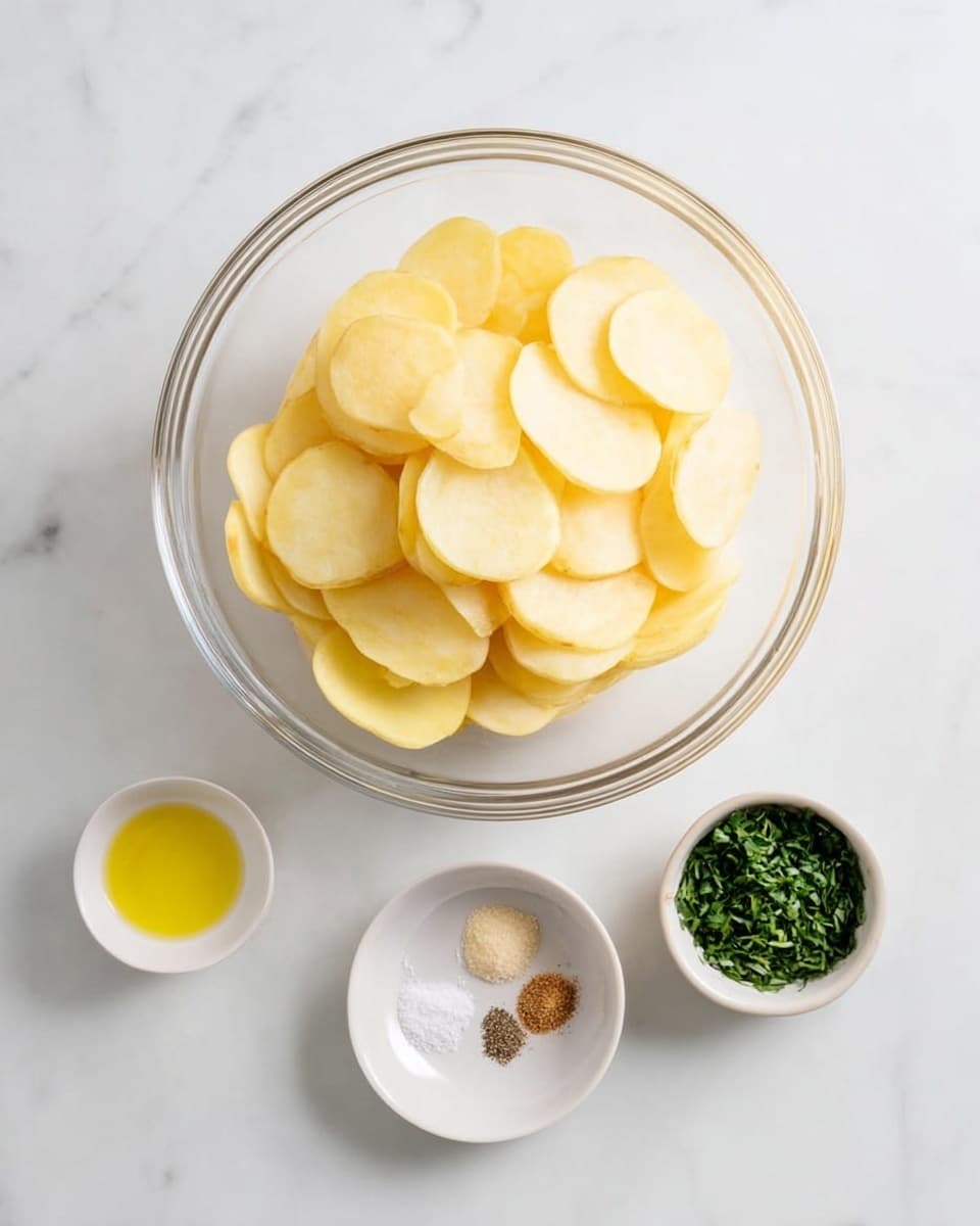 A clear glass bowl sits at the center filled with many thin, round, pale yellow potato slices, stacked loosely inside. Near the bowl, there is a small white bowl with light yellow oil, a small clear bowl containing white salt, black pepper, and light brown powder, and a small white bowl with green chopped herbs, all arranged on a white marbled surface. The overall look is clean and simple, showing fresh ingredients ready for cooking. Photo taken with an iphone --ar 4:5 --v 7