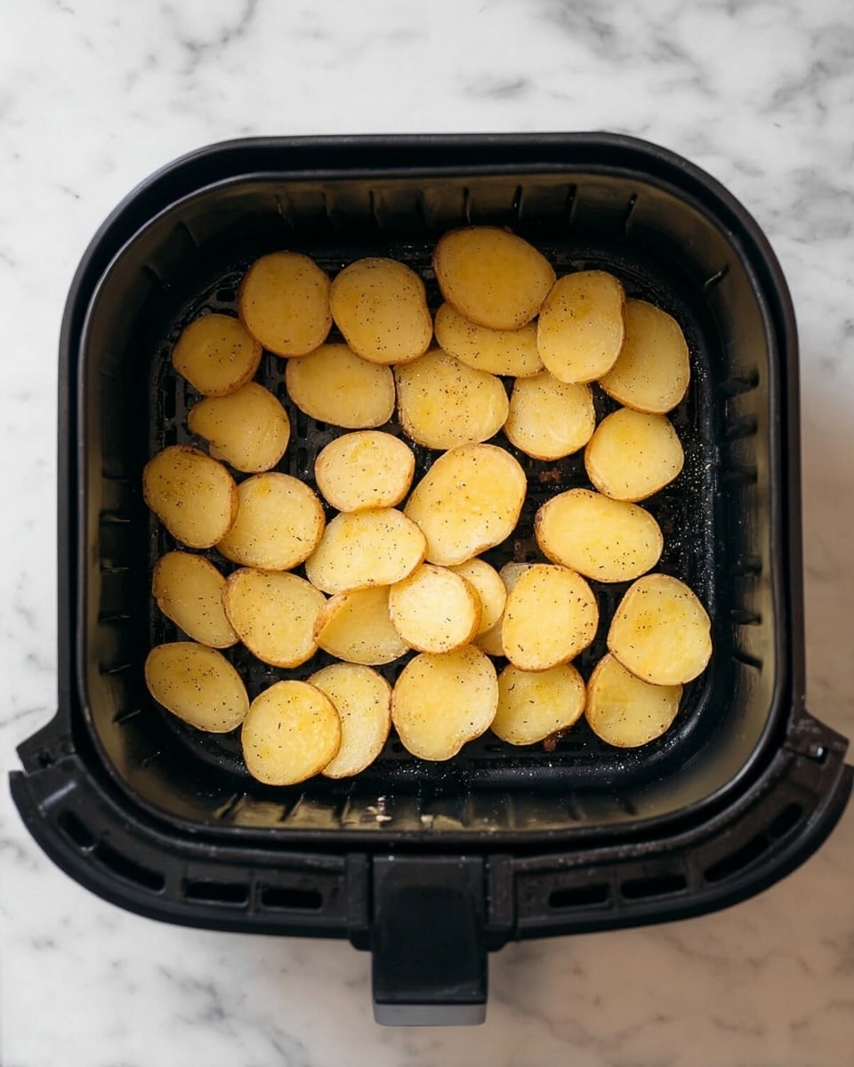 Inside a black air fryer basket, there are thin, round slices of yellow potato spread out in a single layer, showing some light seasoning. The basket sits on a white marbled surface that softly brightens the scene. The potato slices have a smooth texture with slight variations in size and shape, creating a natural, simple look. Photo taken with an iphone --ar 4:5 --v 7