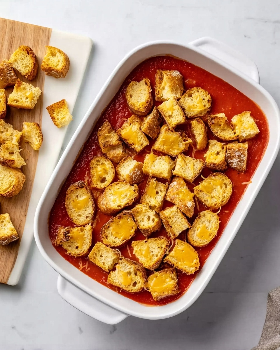 A white rectangular baking dish filled with a layer of smooth, bright red tomato sauce at the bottom. On top, there are many small, golden-brown toasted bread pieces, each with visible melted yellow cheese inside, arranged unevenly to cover the sauce but not packed tightly. The dish is placed on a white marbled surface and a white cutting board with more small toasted bread pieces is on the left side. Photo taken with an iphone --ar 4:5 --v 7
