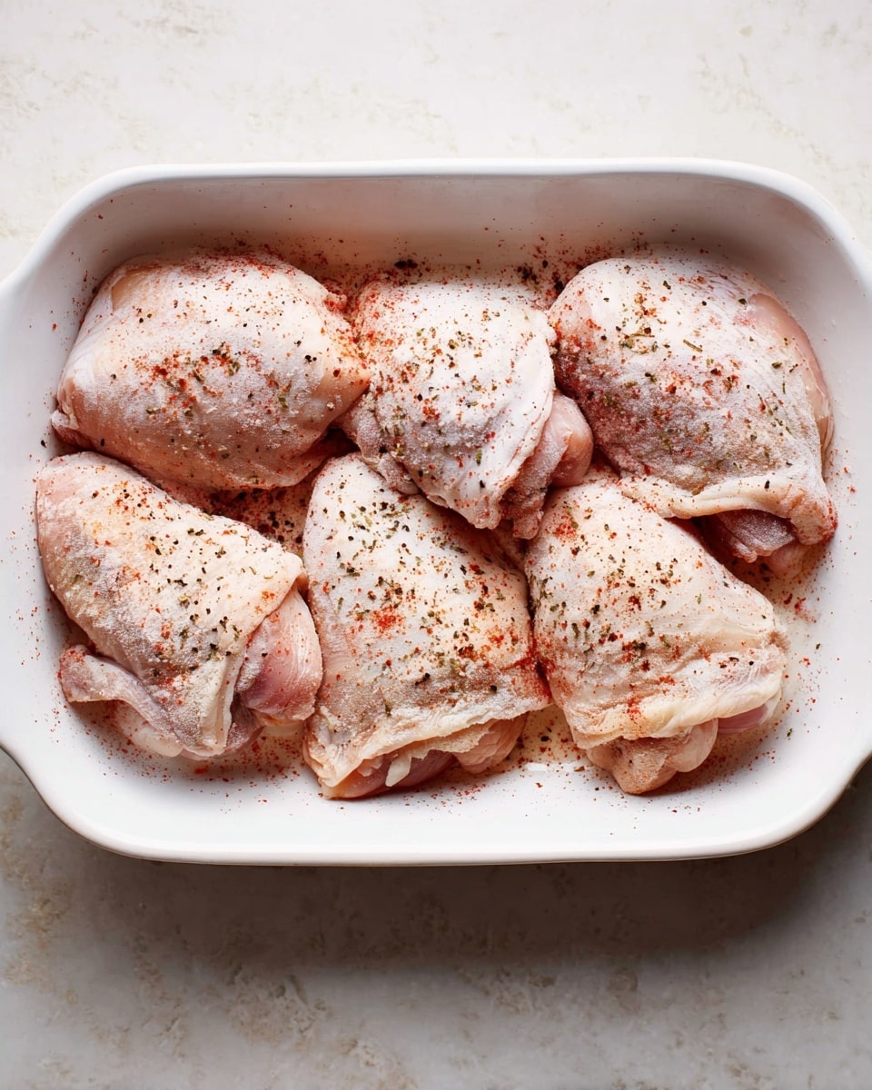 The image shows six pieces of raw chicken thighs in a white baking dish. Each piece is lightly covered with a thin layer of white flour, dusted with red seasoning powder, and sprinkled with coarse black pepper. The chicken pieces vary in size and are arranged closely, filling the dish. The background surface has a white marbled texture. photo taken with an iphone --ar 4:5 --v 7