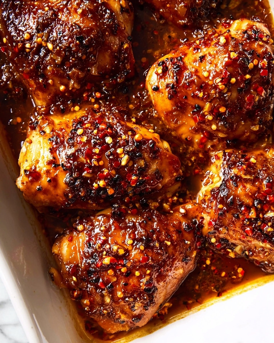 A close-up view of six baked chicken thighs arranged tightly in a white rectangular dish, each piece coated with a shiny, rich dark reddish-brown sauce speckled with bright yellow and red chili flakes. The sauce glistens under light, forming a sticky layer with small pieces of garlic and spices visible on the surface. The chicken skin shows golden caramelized spots mixed with darker charred bits, creating a textured look. The dish sits on a white marbled surface. photo taken with an iphone --ar 4:5 --v 7