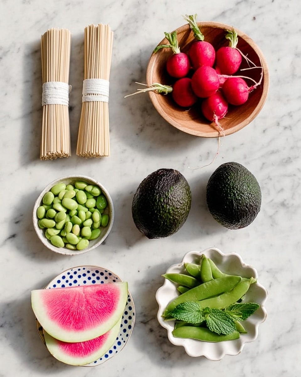The image shows a white marbled surface with seven groups of ingredients neatly arranged. On the left, there are two bundles of dry white noodles tied with white bands, below them a small white bowl filled with bright green edamame beans. In the center, two dark green avocados are placed one above the other. Above the avocados, there is a wooden bowl holding five round red radishes with short green stems. To the right of the avocados, a small white plate with a blue dotted pattern around its edge holds fresh green mint leaves. Below that, two slices of watermelon radish showing a white outer edge and bright pink center are placed on the marbled surface. Lastly, at the bottom right, a scalloped-edge white bowl contains fresh, bright green snap peas. Photo taken with an iphone --ar 4:5 --v 7