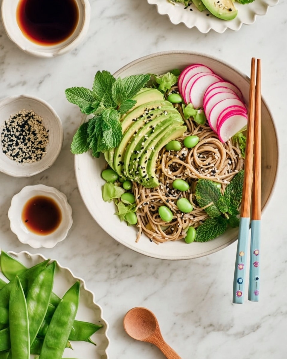 A white bowl sits on a white marbled surface filled with three main layers: a base of light brown soba noodles twisted in shape, topped on one side with thin slices of green avocado and green edamame beans scattered around; a few thin pink and white radish slices are placed near the edges, while bright green fresh mint leaves are sprinkled on top. Black and white sesame seeds are scattered across the top layer. Resting diagonally on the bowl are wooden chopsticks with light blue handles decorated with small white flowers. Around the bowl are small white dishes holding a dark brown sauce with a light wooden spoon, a mix of black and white sesame seeds, and vibrant green snap peas on a small white scalloped plate. Photo taken with an iphone --ar 4:5 --v 7