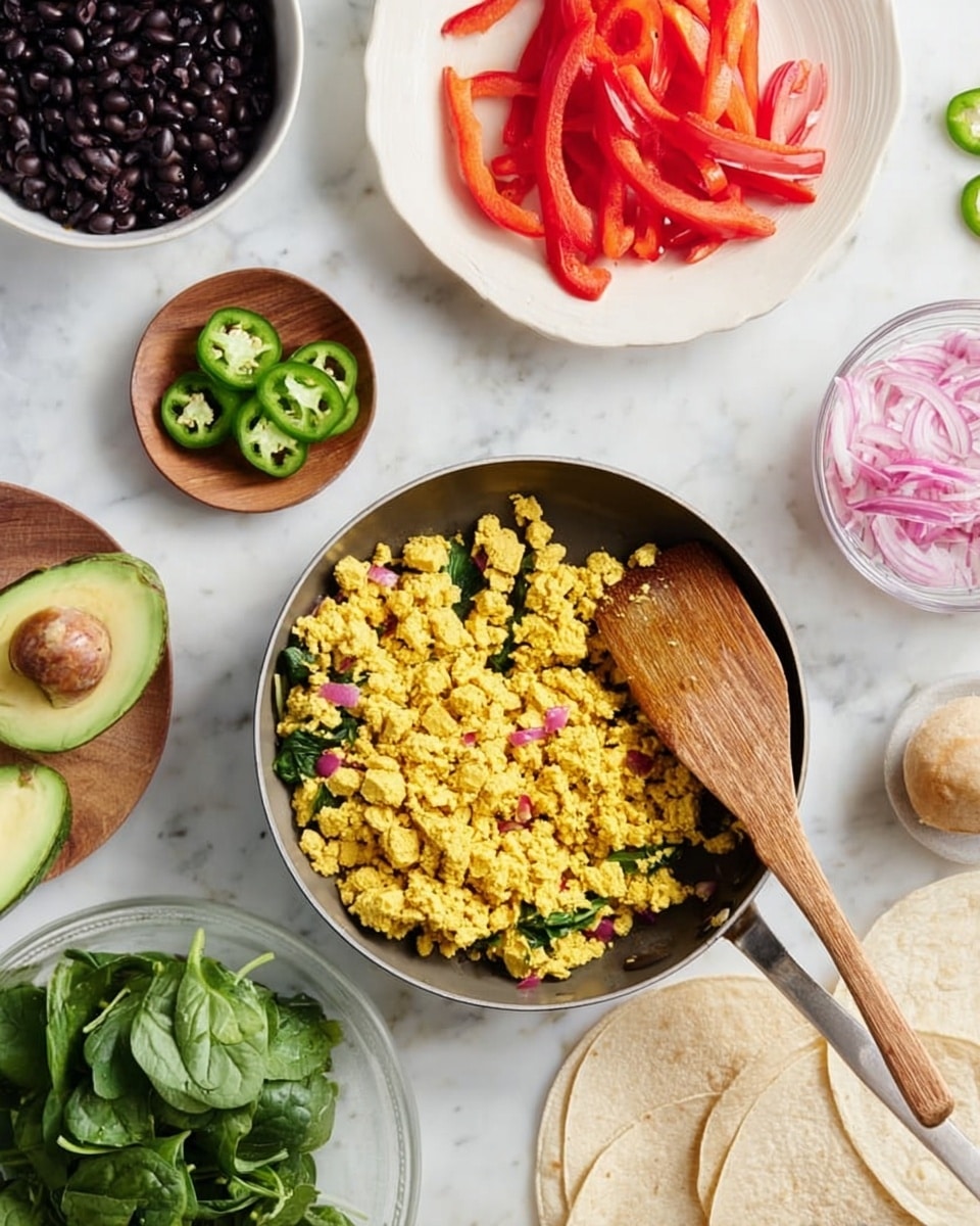 The image shows a cooking scene on a white marbled surface featuring several bowls and plates with fresh ingredients. In the center is a pan with yellow scrambled tofu, mixed with small bits of red and green, and a wooden spatula inside. Around it, a small wooden plate holds green sliced jalapeños, next to a whole avocado. There's a white plate with bright red sliced bell peppers, a clear bowl filled with black beans, a white bowl with fresh green spinach leaves, and a glass bowl of thinly sliced pink onions. Near the bottom right, light tan tortillas are partly visible. The colors are fresh and vivid, and the setting looks clean and organized. photo taken with an iphone --ar 4:5 --v 7
