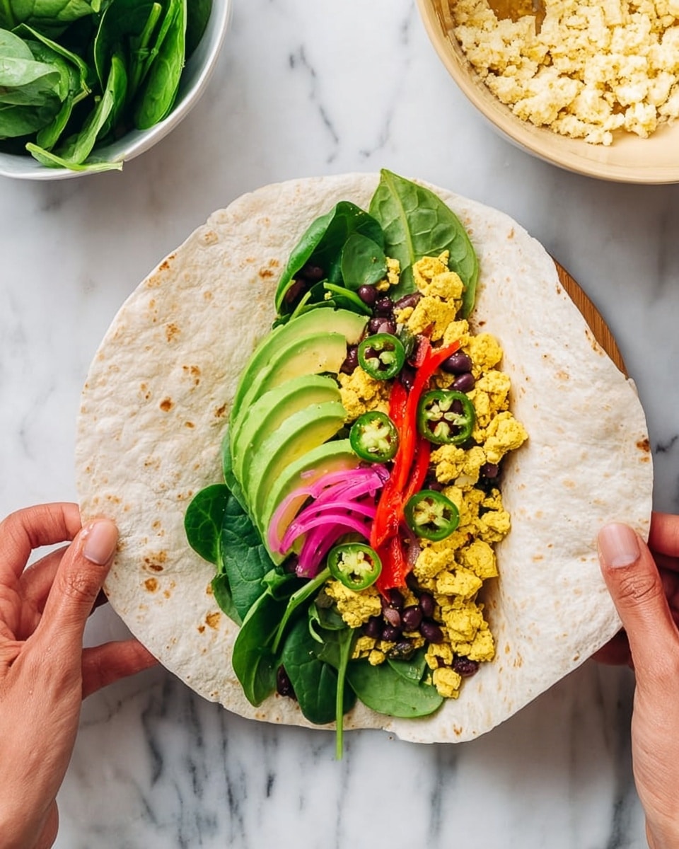 A white tortilla wrap is held open by two woman's hands, revealing a colorful filling inside. The bottom layer is fresh green spinach leaves spread evenly across the tortilla. On top of the spinach, there are slices of green avocado arranged neatly on one side, with bright yellow scrambled tofu placed next to the avocado. Scattered over the tofu are small black beans and thin slices of green jalapeño peppers. The opposite side of the wrap has red roasted pepper strips and pink pickled onion slices adding vibrant colors. The background is a white marbled surface with a white bowl of spinach and a beige bowl of scrambled tofu placed nearby. Photo taken with an iphone --ar 4:5 --v 7