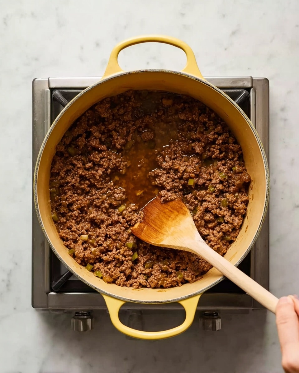 A yellow pot with two handles is filled with cooked minced meat mixed with some small green and light brown bits, sitting on a silver stove. The meat mixture has a rich brown color and looks soft and slightly wet, with a few fluid pools in the middle area of the pot. A wooden spoon rests inside the pot, held by a woman's hand, stirring the contents. The background is a white marbled surface. photo taken with an iphone --ar 4:5 --v 7