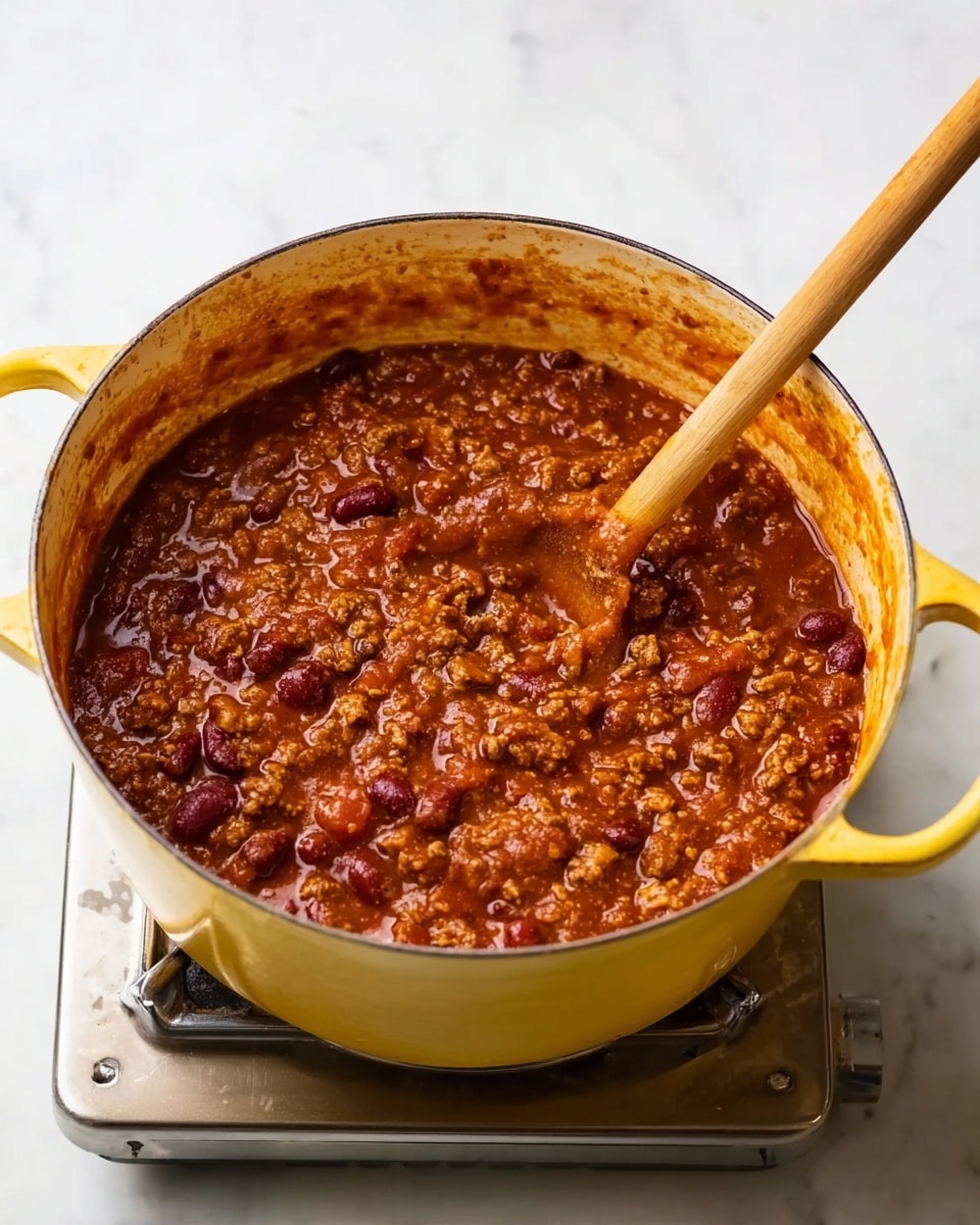 A yellow pot filled with thick, reddish-brown chili, showing chunks of ground meat and kidney beans mixed in a rich sauce. A wooden spoon rests inside the pot, partially submerged in the chili with visible texture of the meat and beans. The pot sits on a small hot plate on a white marbled surface, with signs of sauce splashes around the pot edge. photo taken with an iphone --ar 4:5 --v 7