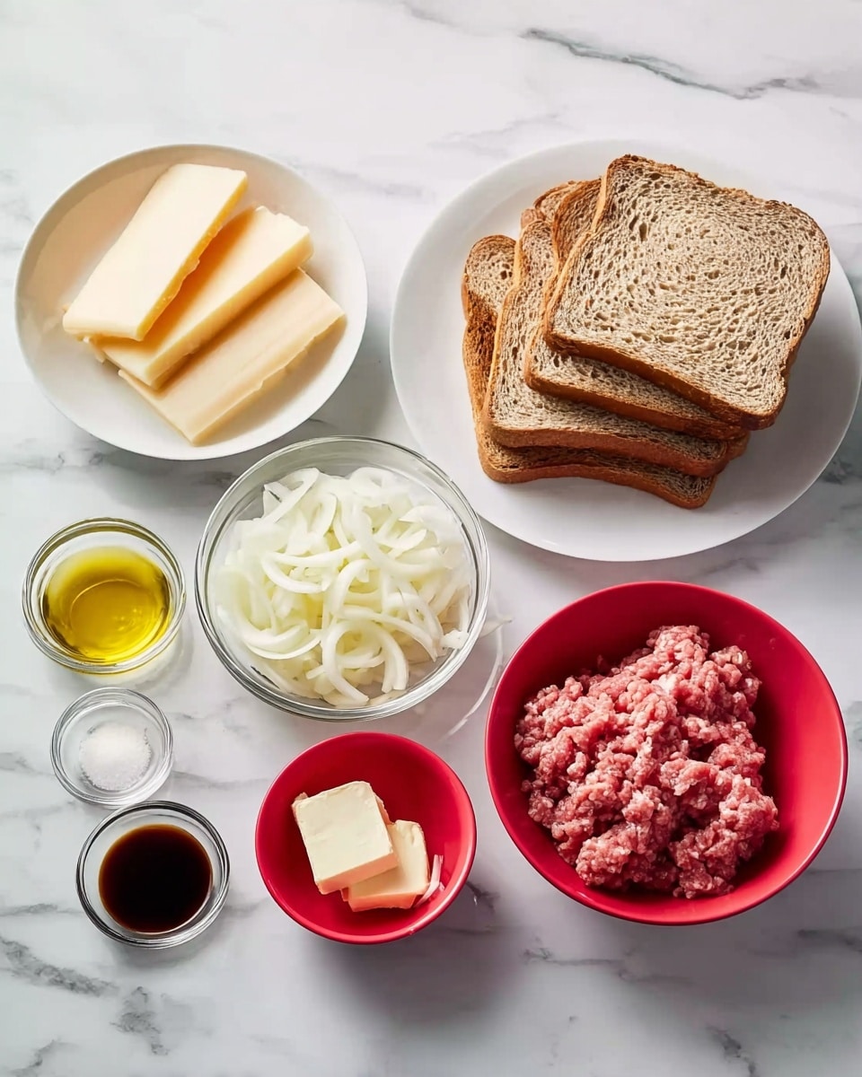A group of ingredients is arranged on a white marbled surface, including a stack of four slices of whole wheat bread on the right, a white bowl filled with raw ground meat on the far right, two red bowls containing sliced Swiss and another pale cheese near the center, a clear bowl of sliced onions near the top left, and smaller clear bowls holding a dollop of mayonnaise, a small amount of olive oil, a pat of butter, soy sauce, and salt, all evenly spaced. The colors vary from the red and pale yellow cheeses, the pinkish raw meat, the white onions, and the neutral tones of the condiments, all set in a neat layout. Photo taken with an iphone --ar 4:5 --v 7