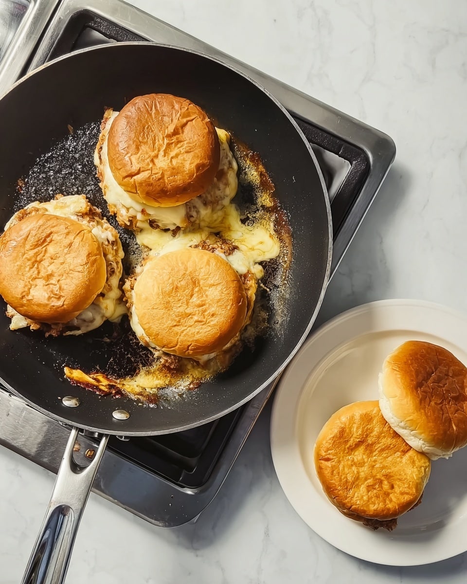 The image shows a black frying pan with three sandwiches cooking on it, each with a lightly toasted yellow bun top and cooked meat inside, surrounded by melted cheese bubbling at the edges. The pan is set on a stove with a white marbled surface beneath it. To the right of the pan, there is a white plate with one sandwich that has a slightly wrinkled yellow bun top, sitting on the white marbled surface. The scene captures the moment while cooking with steam rising from the pan. Photo taken with an iphone --ar 4:5 --v 7