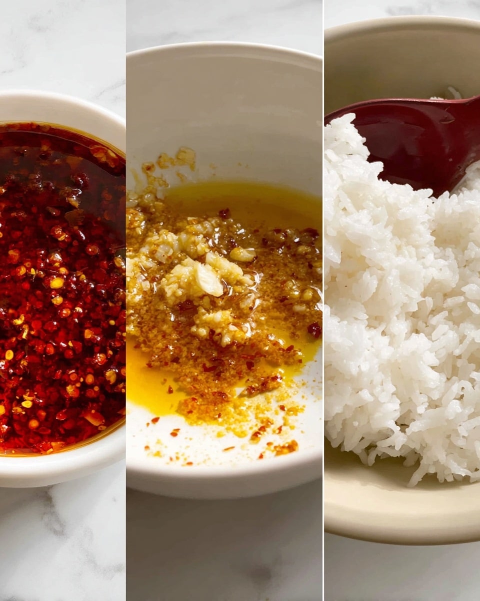 The image shows three white bowls placed separately on a white marbled surface. In the first bowl, there is a shiny, deep red sauce with visible red chili flakes and seeds, giving it a textured look. The second bowl contains light golden-yellow oil mixed with small pieces of finely chopped garlic and spices, showing a mix of soft and rough textures spread evenly at the bottom. The third bowl holds fluffy white rice with separate grains, and a dark red wooden spoon is partially visible inside the bowl. The light on the scenes is soft and natural, highlighting the textures. Photo taken with an iphone --ar 4:5 --v 7
