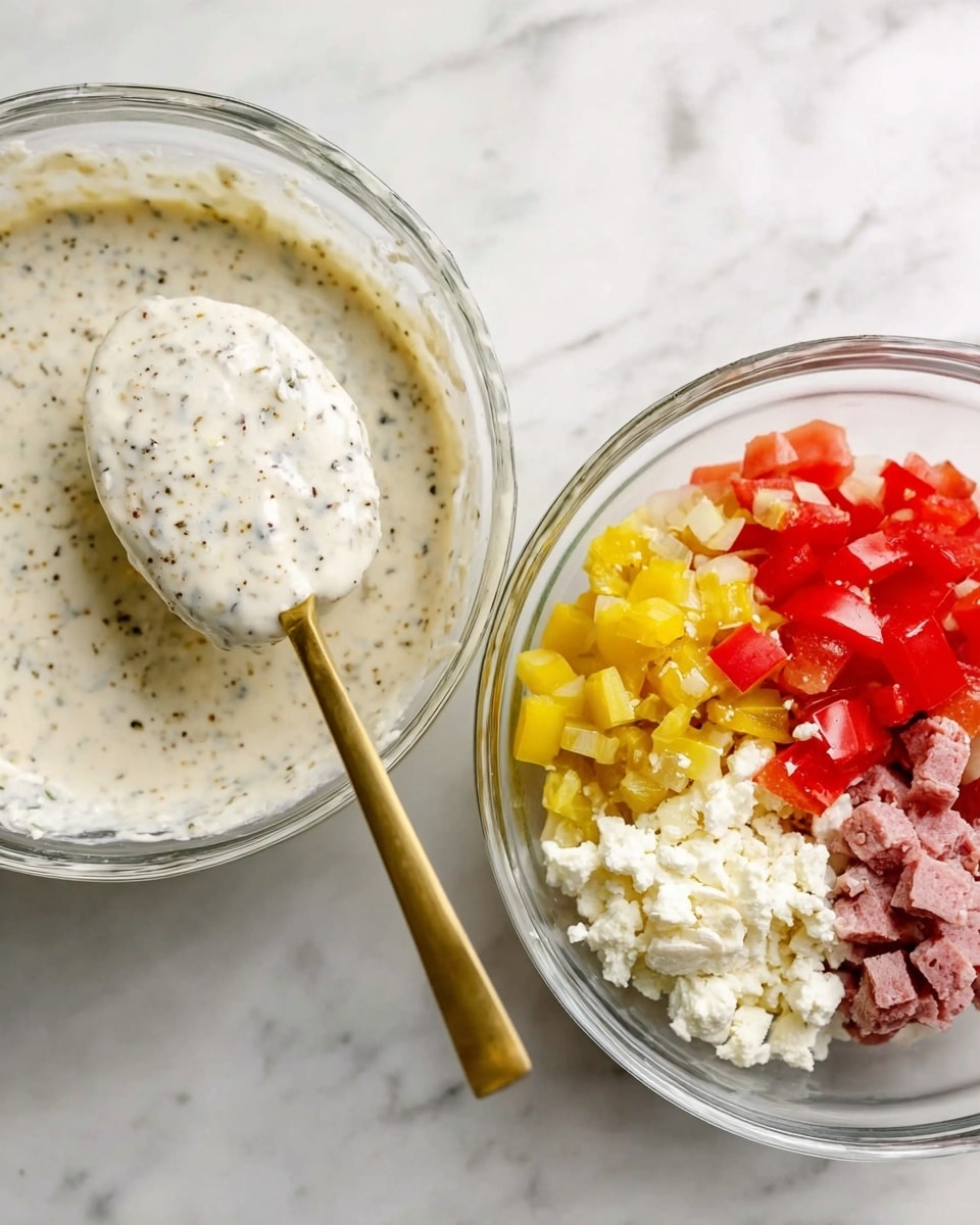 The image shows two clear glass bowls on a white marbled surface. The left bowl holds a creamy white sauce with black pepper specks, and a gold spoon is lifting some of the thick sauce above the bowl. The right bowl contains six separate layers of ingredients from the bottom up, starting with a light base, then diced red tomatoes on the right, finely chopped yellow pickles in the center, white crumbled cheese on the top left, chopped pale garlic pieces beside the cheese, and small pinkish-red cubes of meat on the bottom left. Photo taken with an iphone --ar 4:5 --v 7