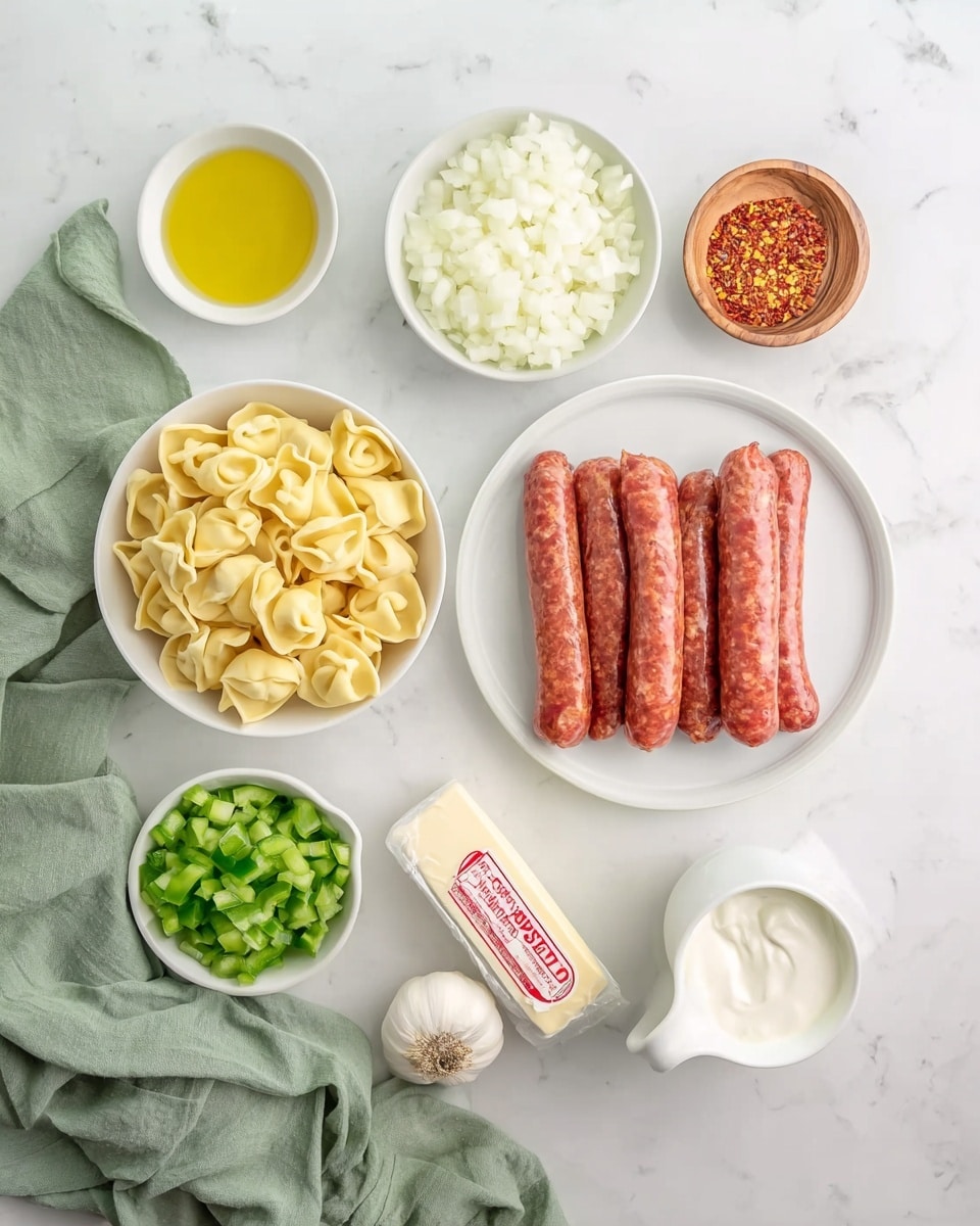 A white plate holds four uncooked reddish sausages lined up side by side on the right side of the image. To the left of the sausages is a white bowl filled with pale yellow folded tortellini pasta. Above the pasta bowl is a small white bowl of clear olive oil and a wooden bowl filled with red chili flakes. Above those, a white bowl is filled with white chopped onions. To the right of the onions is a white bowl holding chopped green bell peppers. Below the chili flakes and olive oil is a whole white garlic bulb and a rectangular slab of butter wrapped in paper with red text. Below the butter is a small white bowl of creamy white sour cream. To the right of the green bell peppers, there is a small white cream pitcher filled with milk or cream. A soft green cloth is draped loosely at the bottom left corner on a white marbled surface. The photo taken with an iphone --ar 4:5 --v 7