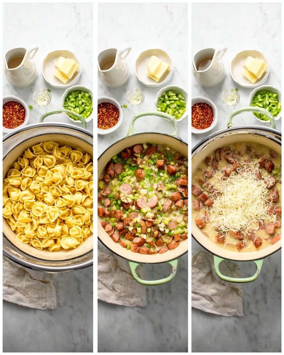 A three-step series showing the making of a creamy sausage pasta dish on a white marbled surface. The first image shows a silver colander filled with cooked yellow tortellini pasta, with small bowls of red seasoning and shredded white cheese, a stick of butter, a small white pitcher, and a container of cream around it. The second image shows a white pot with green handles filled with browned sliced sausage pieces, chopped green bell peppers, and onions being cooked. The same small bowls, butter, pitcher, and cream container are nearby. The third image shows the pot now filled with the creamy sauce and sausage mixture topped with shredded white cheese, showing the sauce’s light beige color with green pepper pieces peeking through. A woman's hand touches the pot’s handle, and the same bowls and ingredients sit around the pot. Photo taken with an iphone --ar 4:5 --v 7