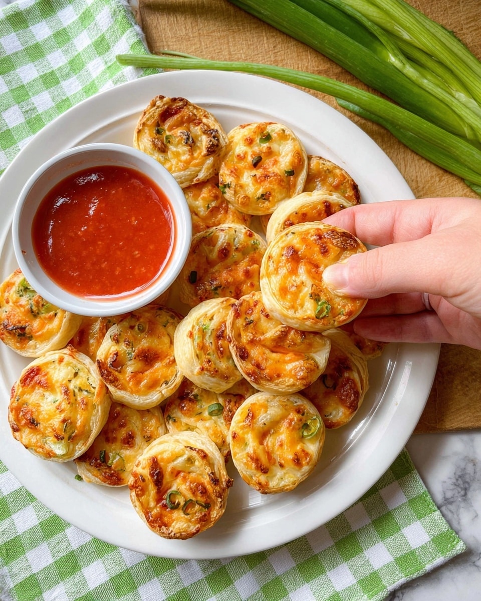 The image shows a white plate filled with small, round, golden-brown puff pastry pinwheels arranged mostly on one side. Each pinwheel has visible layers of flaky pastry with bits of green herbs and orange cheese melted on top, giving a slightly crispy texture. One pinwheel is being held by a person's fingers, dipped halfway into a small white bowl filled with bright red dipping sauce placed on the plate. The plate is on a green and white checkered cloth over a white marbled surface, with green onions lying next to it. The lighting is bright and natural, giving the food a fresh and appetizing look photo taken with an iphone --ar 4:5 --v 7