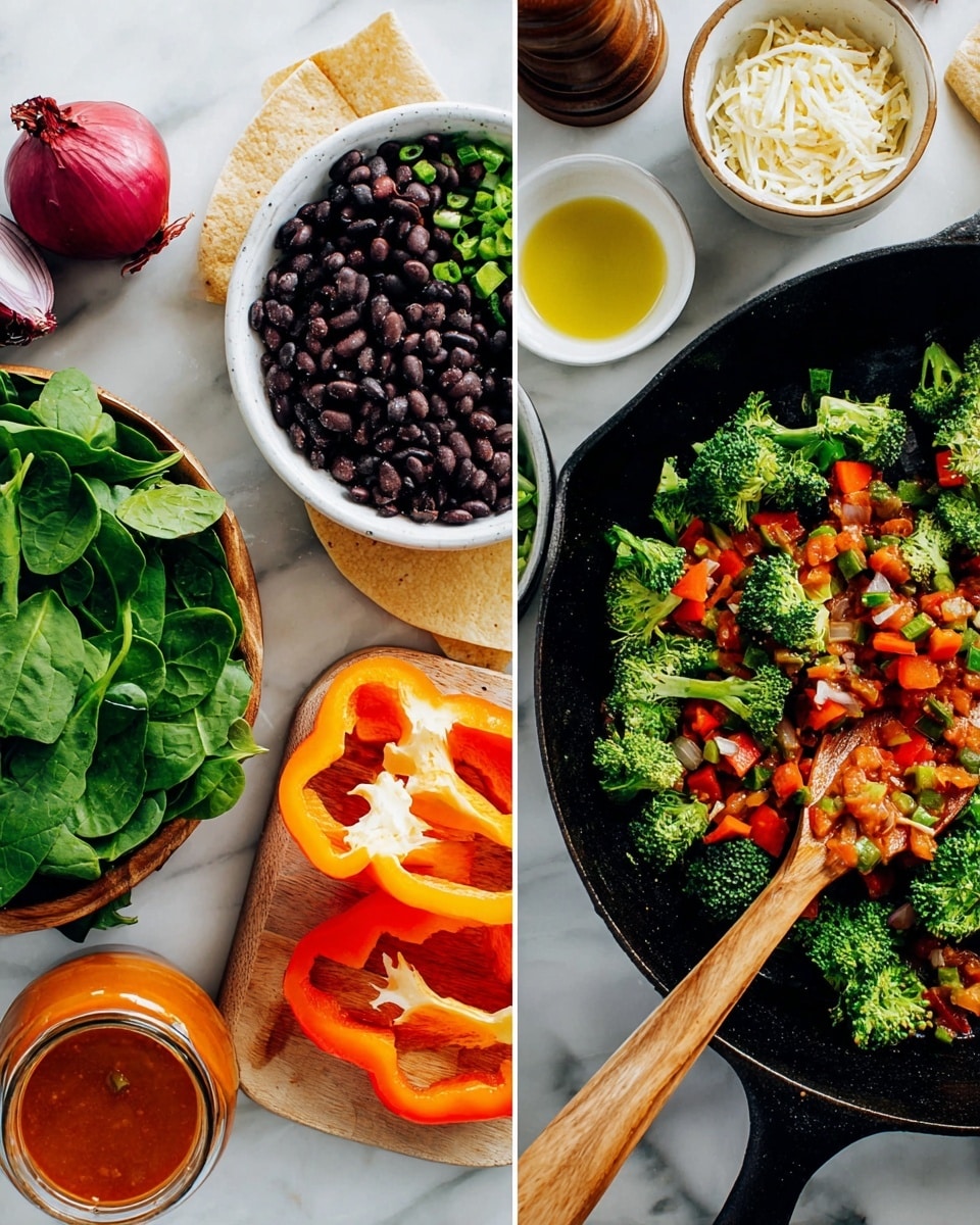 The image shows two scenes side by side on a white marbled surface. On the left, fresh ingredients are arranged: a halved red onion and chopped broccoli on a wooden board, a white bowl filled with black beans, a bowl full of fresh green spinach leaves, orange bell pepper halves beside the bowl, and a jar of thick reddish-orange sauce with a spoon inside it. There are small bowls containing oil and white shredded cheese nearby, along with a pepper grinder and some whole wheat tortilla wraps partially visible. On the right, a black cast iron skillet contains colorful cooked vegetables including bright green broccoli florets, finely diced red bell pepper, and light brown onions. A wooden spoon is resting inside the skillet, stirring the mix. Photo taken with an iphone --ar 4:5 --v 7