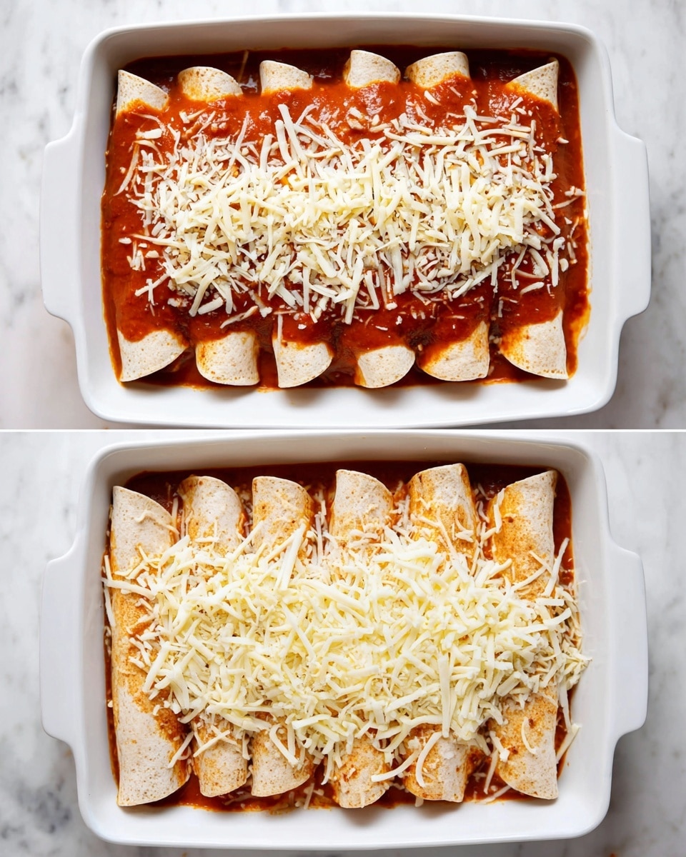 A white rectangular baking dish holds six rolled tortillas placed side by side as the bottom layer, each light brown in color with a soft texture. On top of the tortillas is a spread of deep red-orange sauce, thick and smooth, evenly covering the center. Shredded white cheese is scattered generously over the sauce, forming the uppermost layer with soft, curly strands visible. In the second image, the dish shows melted cheese with a creamy, slightly golden texture, spread fully over the sauce and tortillas, covering them in one even layer. The white marbled surface beneath the dish adds brightness to the scene. photo taken with an iphone --ar 4:5 --v 7