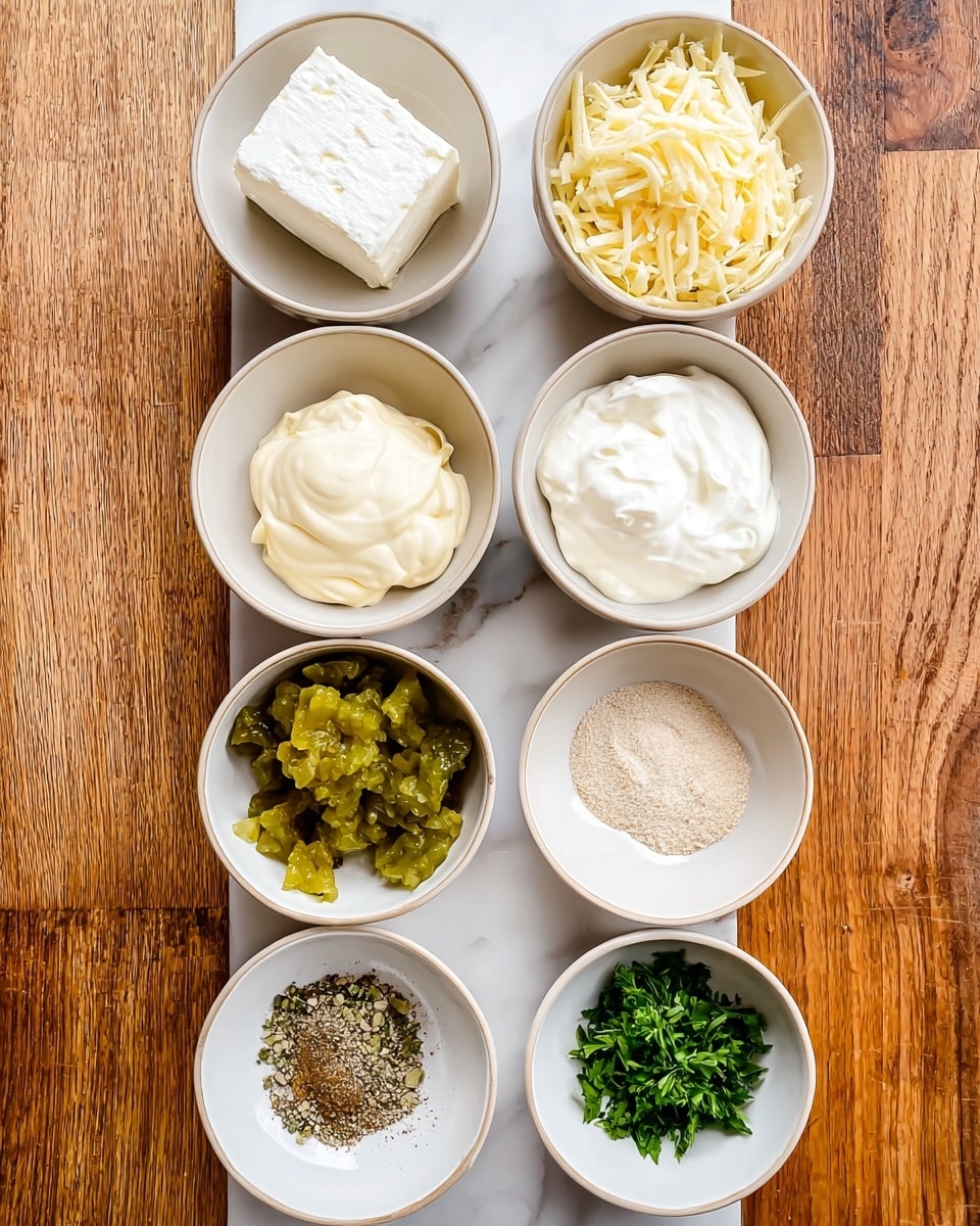 Nine small white bowls are arranged neatly on a white marbled surface, organized in four rows. The top row has two bowls, one with a soft white block of cream cheese and the other filled with shredded pale yellow cheese. The second row has two bowls, one with a smooth off-white mayonnaise and the other containing a fine, light beige powder. The third row has two bowls again, one filled with thick white sour cream and the other with chopped green pickles. The bottom row has two small bowls, one with a mix of green herbs and dried spices and the other with fresh bright green chopped parsley. The wooden table edges peek at the bottom of the image. photo taken with an iphone --ar 4:5 --v 7
