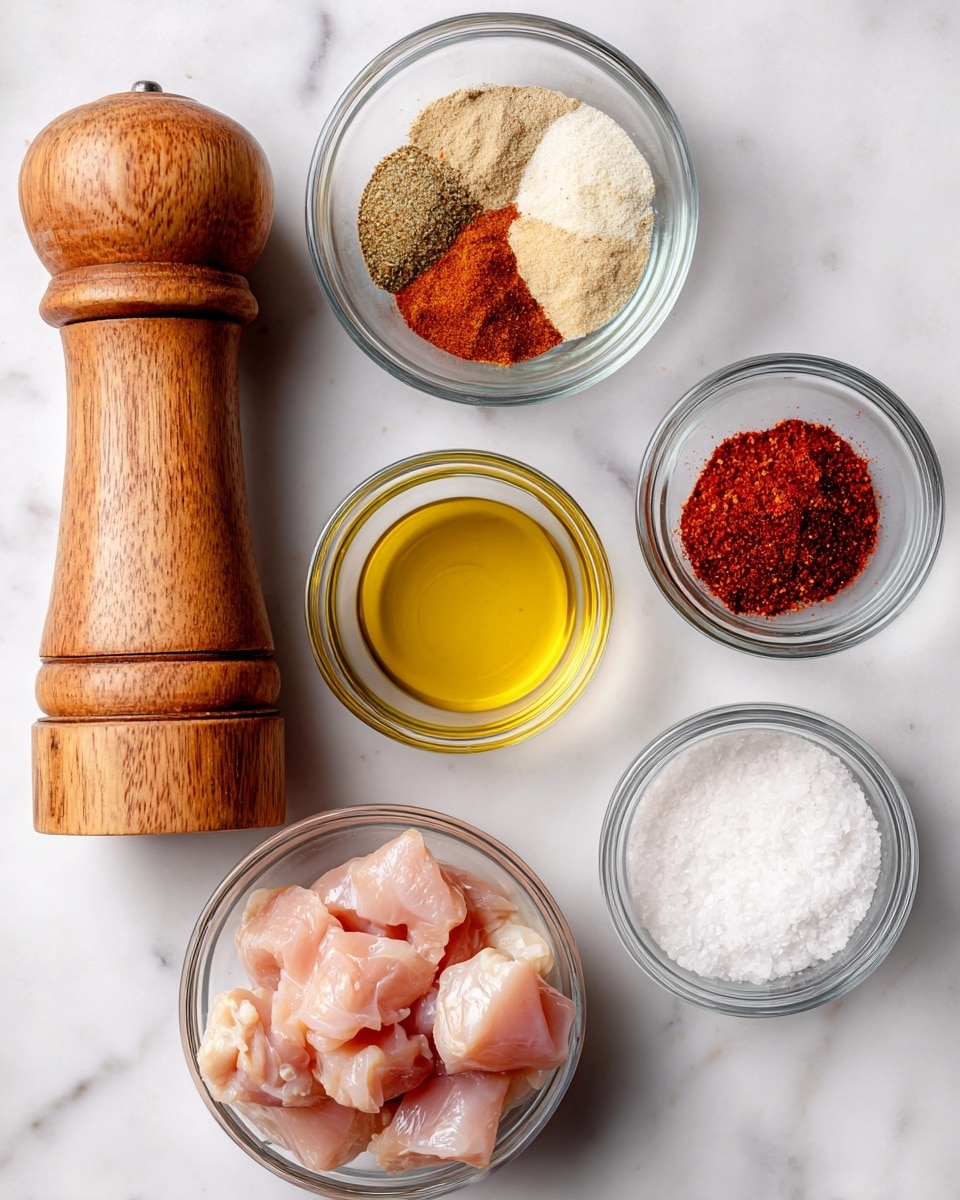 The image shows several small clear glass bowls on a white marbled surface, each containing different ingredients. One bowl holds pinkish pieces of raw chicken in the center bottom, while a bowl above it contains pale yellow oil. To the left at the top, there is a bowl divided into three sections of spices: light brown onion powder, white garlic powder, and deep red paprika. In the top right is a small bowl with white salt crystals, and on the left side of the image is a tall wooden pepper grinder with a smooth finish. The overall layout is simple with each ingredient clearly visible photo taken with an iphone --ar 4:5 --v 7
