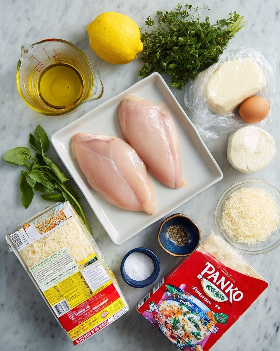On a white marbled surface, there is a white tray holding two raw chicken breasts that are pale pink and smooth. To the left of the tray, there is a shiny, yellow lemon, a clear measuring cup with golden olive oil, a brown egg, and a small glass bowl with white powder. Above these, fresh green herbs with broad and narrow leaves are arranged loosely. Near the top center, there is a white wrapped block of light yellow cheese and another round cheese wrapped in clear plastic. To the right of the chicken, a red and white bag of shredded mozzarella cheese is partially open, and next to it is a white box of Panko bread crumbs with colorful text and images in yellow, red, green, and purple. Above the bread crumbs, a small glass bowl contains salt and black pepper. A dark blue container of garlic powder is placed near the egg. The scene is bright with soft natural light, and everything is arranged neatly on the white marbled surface. photo taken with an iphone --ar 4:5 --v 7