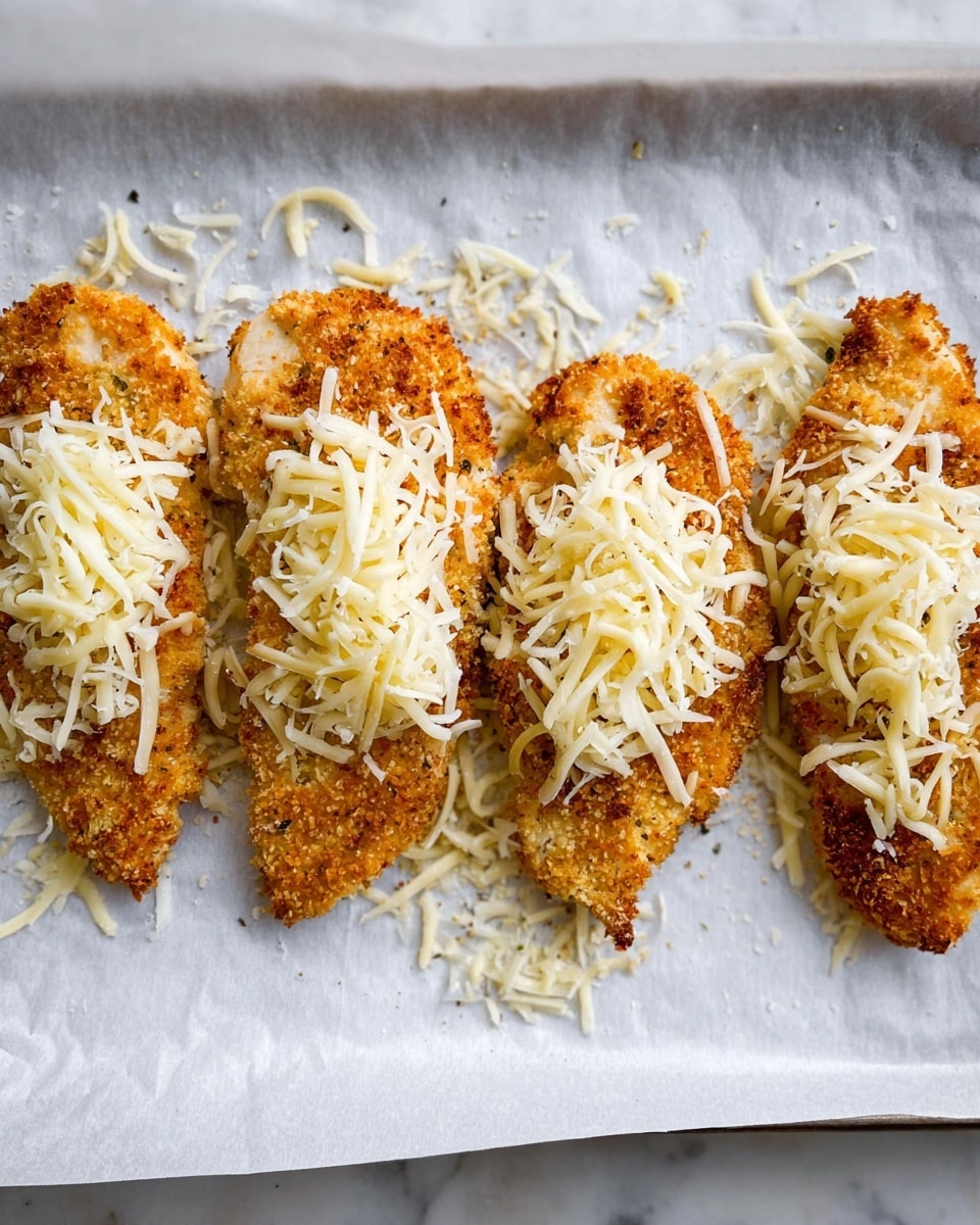 Four pieces of golden brown breaded chicken laid out in a row on a white parchment paper on a baking sheet, each topped with a thick layer of white shredded cheese. The chicken has a crispy texture with browned edges. The shredded cheese is scattered unevenly, with some strands falling onto the parchment paper. The background shows a white marbled surface. photo taken with an iphone --ar 4:5 --v 7