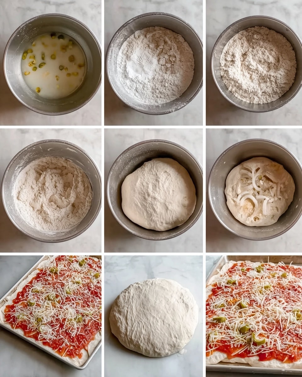 The image shows a step-by-step process of making a pizza dough and preparing it for baking, arranged in eight small side-by-side frames. The first row has four frames: the first displaying yeast dissolving in liquid inside a metal mixing bowl, the second showing a woman's hand adding salt into a bowl of flour, the third capturing dough being mixed or kneaded, and the fourth showing dough with oil drizzled on top resting in a metal bowl. The bottom row begins with risen dough filling the metal bowl, followed by stretched dough flattened into a rectangular white tray on a white marbled surface. Then the dough is covered with a generous layer of red tomato sauce, topped with shredded cheese in the next frame. The last frame reveals the pizza dough with toppings of sliced green olives and onion rings evenly spread over the cheese layer. The overall colors consist of whites, reds, and light tan dough shades, with a clean white marbled background. Photo taken with an iphone --ar 4:5 --v 7