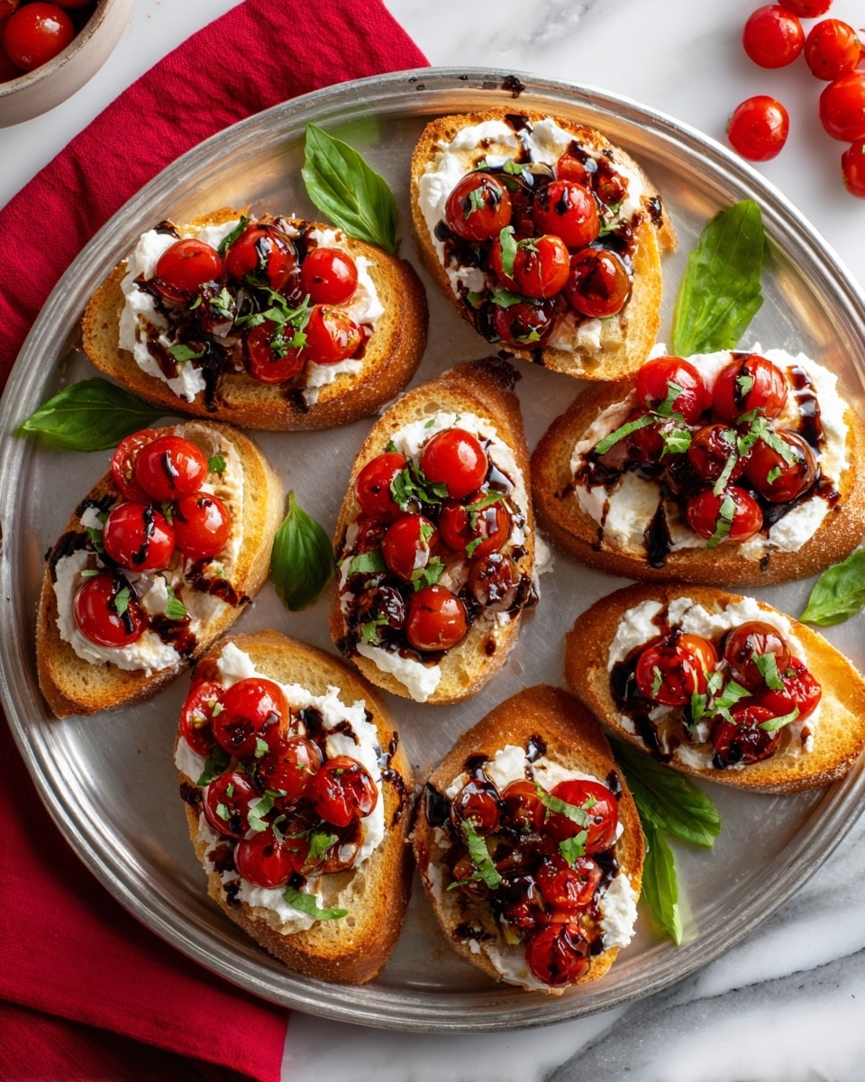 The image shows a round silver tray holding several pieces of toasted baguette arranged in a circle, each topped with a creamy white spread layer, bright red halved cherry tomatoes mixed with finely chopped green herbs and white onion, and drizzled with a dark balsamic glaze. Fresh green basil leaves are placed both on the bread and scattered in the empty center of the tray. The tray is set on a white marbled surface with a red cloth visible at the top left corner. Photo taken with an iphone --ar 4:5 --v 7