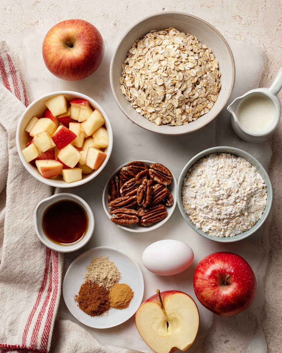 A flat lay of cooking ingredients arranged on a white marbled surface: a large white bowl filled with light beige rolled oats sits at the top right; below it and slightly to the left is a medium white bowl filled with small cubes of peeled apple with red skin edges; to the left of that is a smaller white bowl containing whole pecans; beneath that, a small round white plate holds two piles of brown and golden spices; next to it on the left, two white eggs rest on a folded beige cloth with red and gray stripes; above the eggs is a small round white bowl filled with dark brown syrup; a shiny whole red apple and a half apple showing the white inside and seeds lie near the bottom right; nearby is a short white pitcher holding milk; a tiny white bowl with a white powder, probably baking soda, is near the apples. The colors vary from beige oats, red and cream apples, brown nuts and syrup, brown spices, and white eggs, bowls, and pitcher photo taken with an iphone --ar 4:5 --v 7