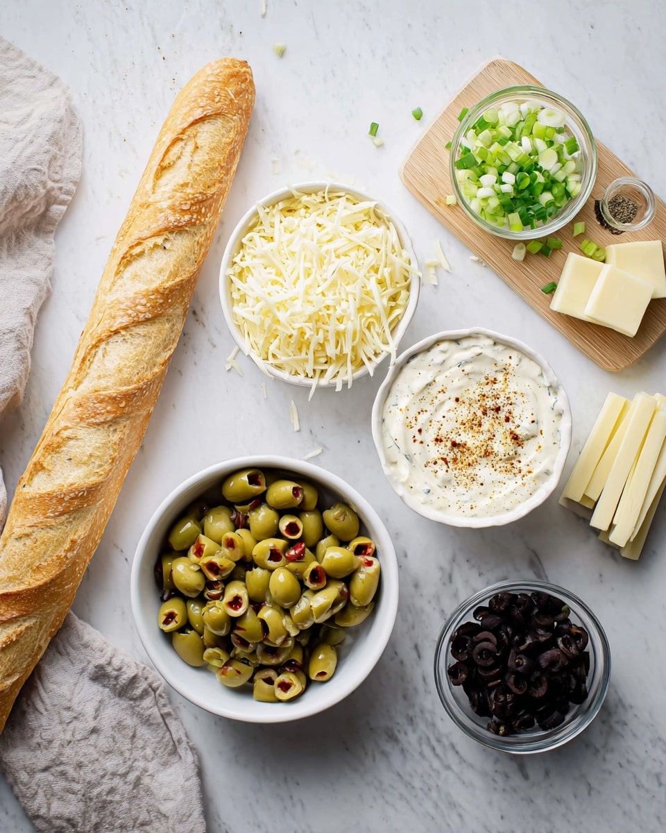 The image shows several ingredients placed on a white marbled surface: a long, golden baguette with a crispy crust lies to the left, next to a white bowl full of shredded pale yellow cheese. Below the cheese bowl, there is a white bowl filled with green olives stuffed with red pimento. To the right of the olives, a white bowl holds a creamy white sauce topped with specks of black pepper and a brown spice. Above this bowl, a light wooden cutting board holds freshly chopped green onions with bright green and white sections. To the right of the cutting board is a white bowl filled with sliced black olives. Near the top of the cutting board is a small glass bowl holding two sticks of pale yellow butter. A light gray cloth is partly visible on the far left edge. photo taken with an iphone --ar 4:5 --v 7