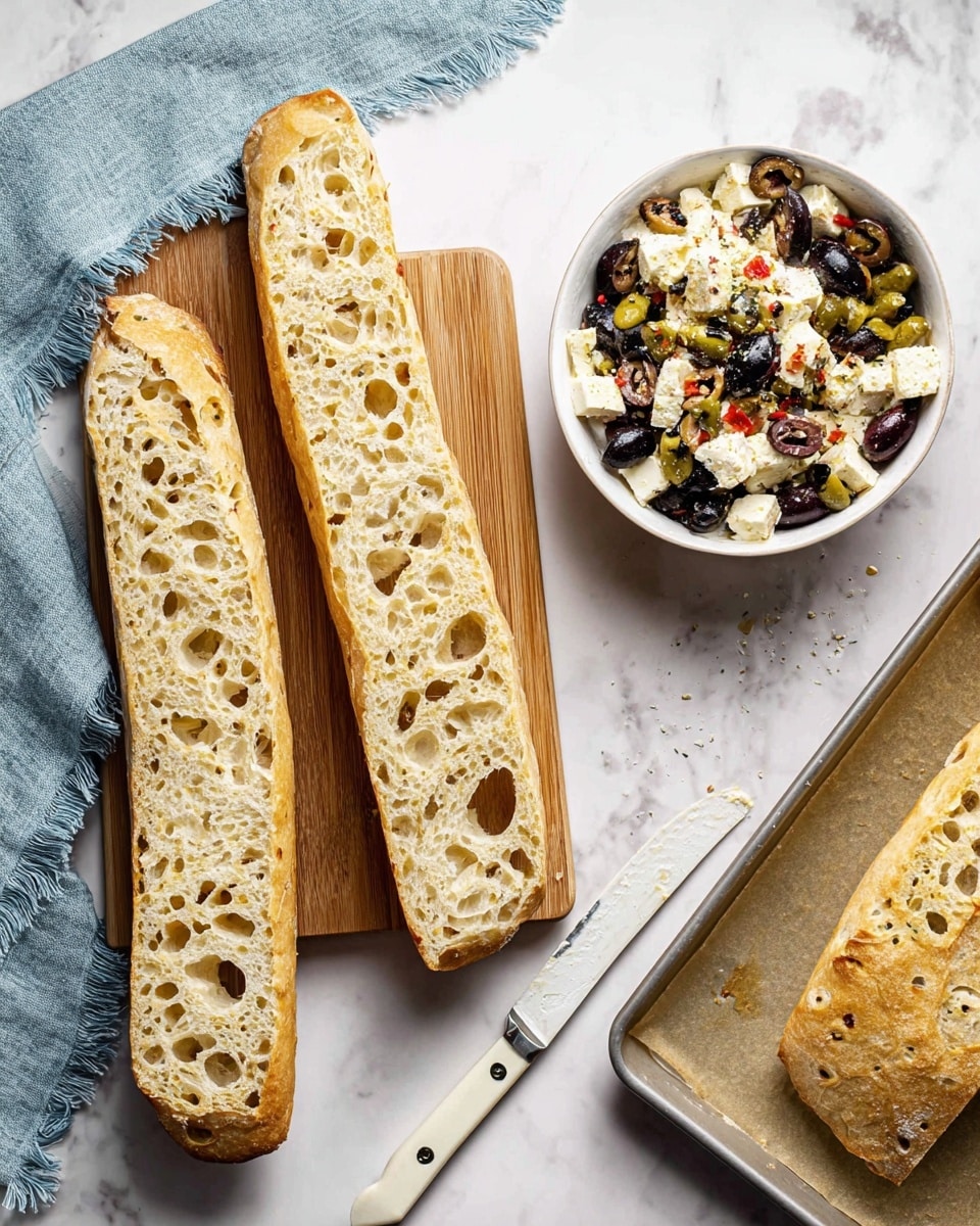 The image shows two long, open slices of bread with many air holes, placed on a wooden cutting board. To the right, there is a white bowl filled with a mix of white cheese and sliced black and green olives with some small red bits. Below the bowl is a metal baking tray with a piece of the same bread on a parchment sheet. A knife with a white handle lies beside the cutting board. On the left side, there is a light blue cloth with frayed edges, all placed on a white marbled surface. photo taken with an iphone --ar 4:5 --v 7