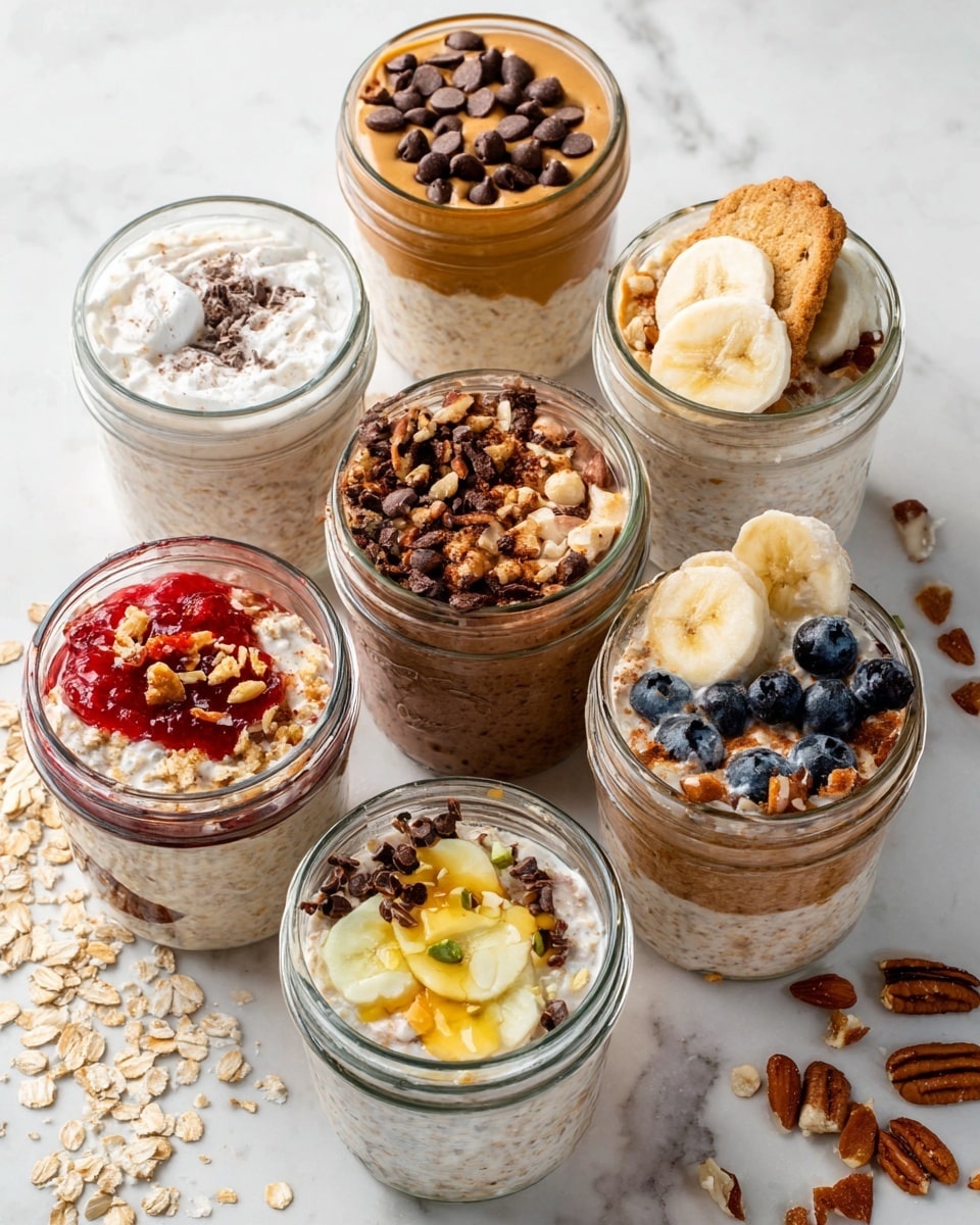 Seven glass jars of overnight oats sit on a white marbled surface, each topped with different colorful layers. The top left jar has white oats with a smooth light brown nut butter layer and dark brown chocolate chips and chopped nuts scattered on top. To its right, a jar shows oats topped with sliced bananas, white cream, and a light brown cookie sticking out. Below, a jar filled with light brown cocoa oats is topped with cocoa powder and chocolate chips. The bottom left jar holds oats with a layer of brown nut butter and bright red jam. Next to it is oats topped with apple slices, almonds, cinnamon, and pecans. The bottom jar has white oats with blueberries and yellow lemon zest, and another jar has brown oats topped with chocolate coffee beans and white chips. Some oats and small oat flakes are scattered on the marble surface around the jars photo taken with an iphone --ar 4:5 --v 7