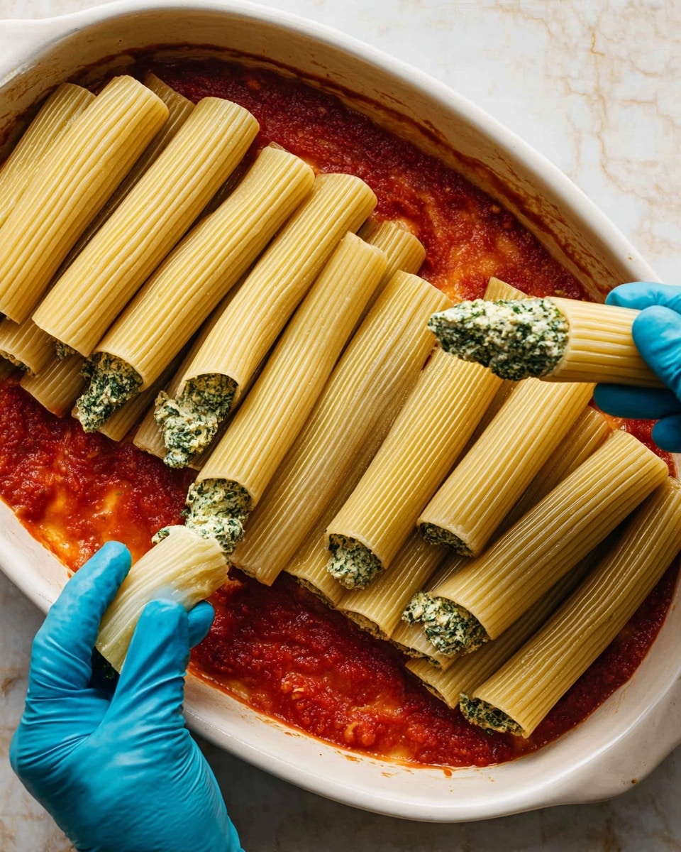 In a white oval baking dish, there are two layers of large rigatoni pasta tubes filled with a dark green mixture, arranged neatly in rows. The bottom layer is covered with a smooth, bright red tomato sauce that contrasts with the pale yellow pasta and dark green filling inside. A woman's hand wearing a blue glove is holding one rigatoni pasta tube filled with the green filling, while a piping bag with the same filling is positioned at the right edge, adding more to the pasta. The dish sits on a white marbled surface showing faint brown patterns. photo taken with an iphone --ar 4:5 --v 7
