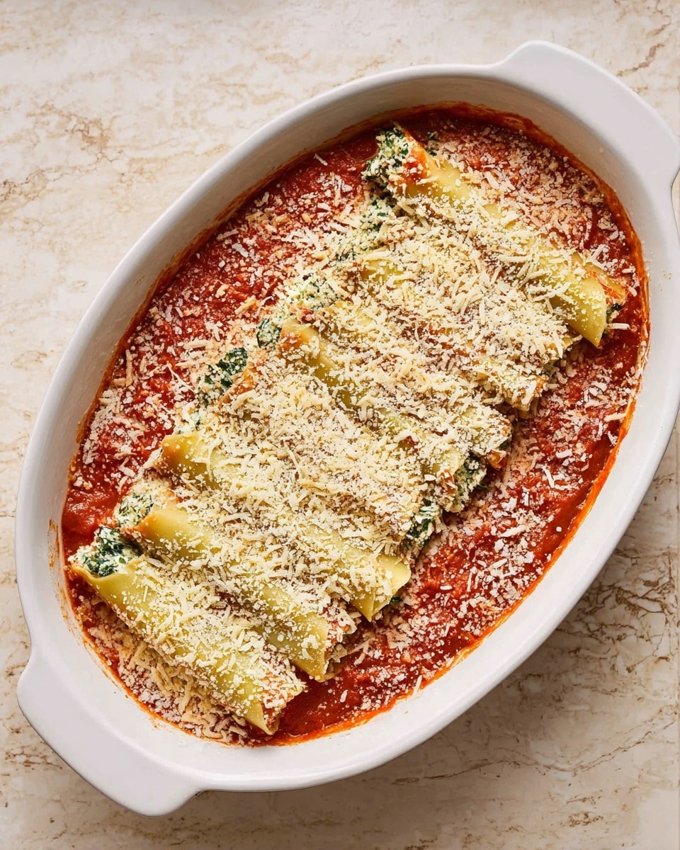 A white ceramic baking dish holds neatly arranged stuffed pasta rolls placed in a single layer, filling the dish tightly. The pasta is yellow and smooth with some green filling visible between the rolled layers. A thick layer of rich red tomato sauce covers the pasta evenly, topped with a generous amount of shredded pale yellow cheese and finely grated white cheese, scattered lightly across the surface. The dish sits on a white marbled countertop, and the photo taken with an iphone --ar 4:5 --v 7