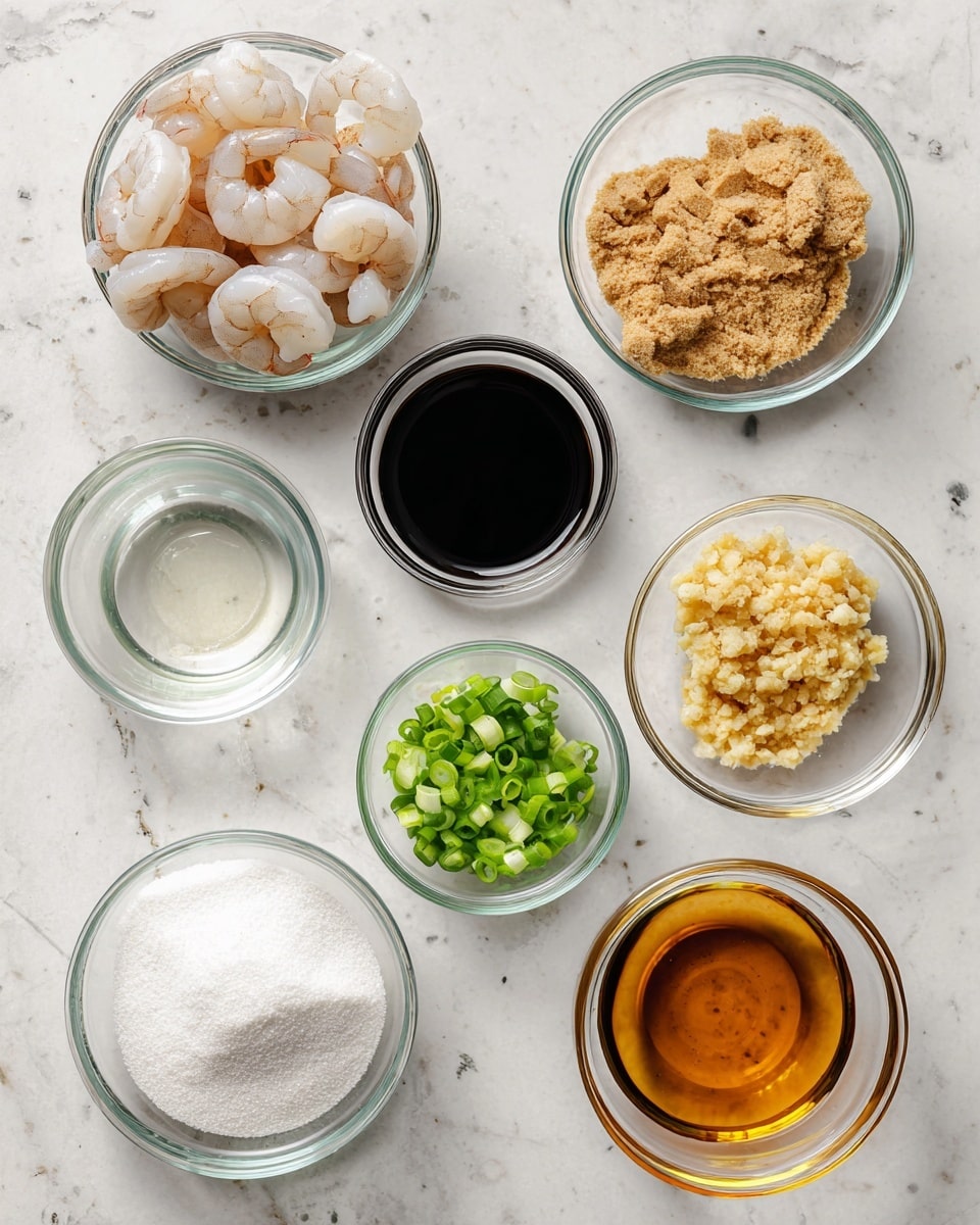 The image shows eight small clear glass bowls arranged on a white marbled surface. The top left bowl contains peeled shrimp with their tails on, showing pale pink and white colors. Next to it, a bowl of dark soy sauce is placed at the top center. To the top right is a bowl filled with light brown, grainy brown sugar. Below the shrimp, there is a bowl with minced garlic that has a rough, pale yellow texture. Below the soy sauce is a small bowl of clear water. Below the brown sugar, a bowl with chopped green onions shows small bright green pieces. On the bottom left, a bowl filled with white, fine cornstarch is placed, and in the center bottom, a bowl of golden-brown bourbon liquid is seen. All bowls are transparent and set on a white marbled surface. photo taken with an iphone --ar 4:5 --v 7