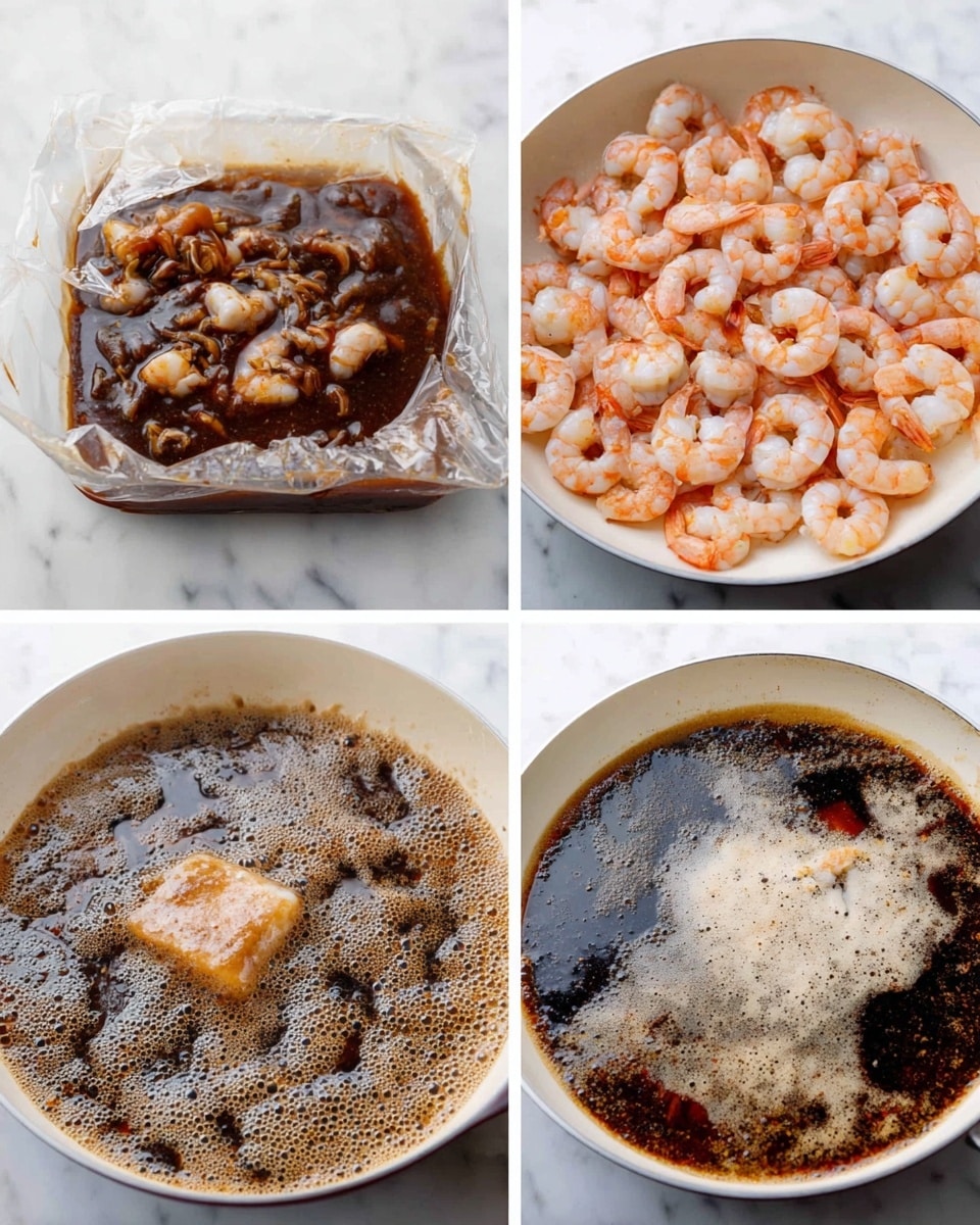 The image shows four stages of cooking shrimp in a white pan on a white marbled surface. The first stage in the top left shows raw shrimp marinating in a dark brown sauce inside a clear plastic bag. The second stage in the top right shows pink shrimp cooking in the white pan, arranged in a pattern covering the surface. The third stage, bottom left, shows the pan with a foam-covered dark sauce bubbling with a piece of food submerged in the foam. The fourth stage, bottom right, shows the dark sauce still bubbling in the pan with white liquid being poured in, creating a mixing effect. Photo taken with an iphone --ar 4:5 --v 7