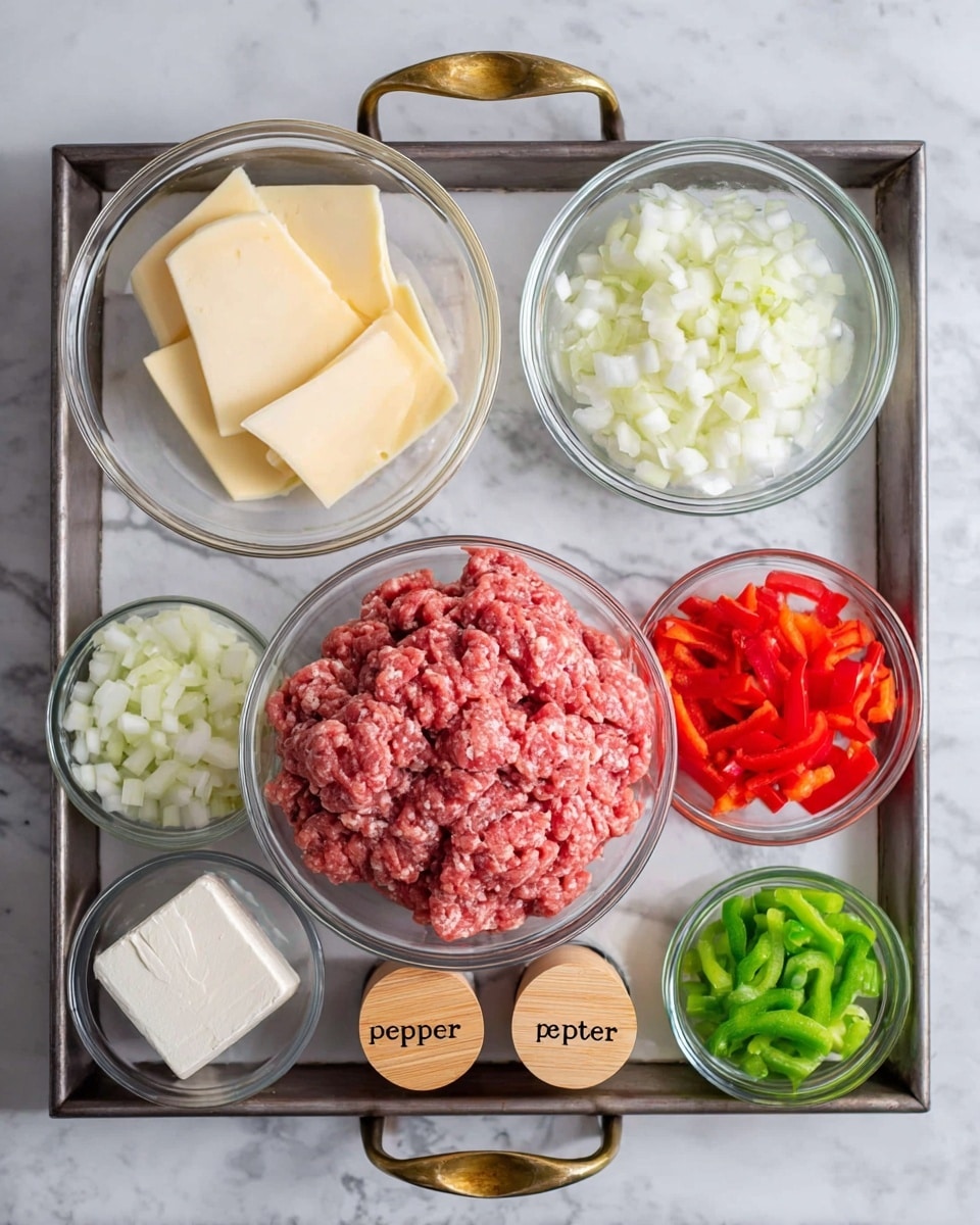 The image shows six clear glass bowls arranged on a metal tray with brass handles, placed on a white marbled surface. In the center is a large bowl filled with raw ground meat, pink with some white fat spots. Around it, starting from the top left and moving clockwise, there is a bowl with several pale yellow slices of cheese, a bowl with small white onion pieces, a bowl with chopped red bell peppers, a bowl with chopped green bell peppers, and a small bowl with a white cream cheese block. In front of the bowls are two small containers with wooden lids labeled