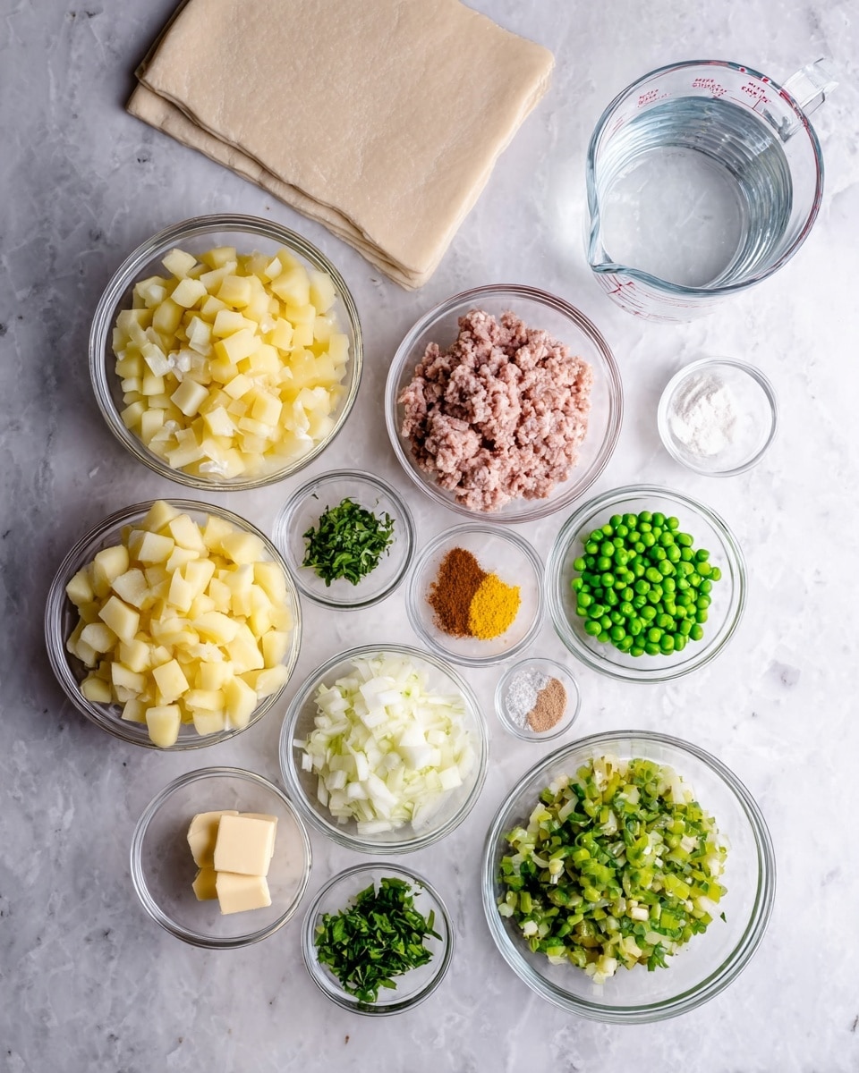 The image shows several small clear glass bowls arranged on a white marbled surface, each filled with different ingredients. There are four larger bowls with pale yellow chopped potatoes at the bottom left, light pink raw ground meat just above it, green frozen peas to the right, and white chopped onions below the peas. Above them are smaller bowls containing bright green chopped bell peppers, chopped fresh green herbs, minced pale yellow garlic, a yellow powder (likely turmeric), a small portion of pale yellow butter, brown curry powder, and white salt. There is also a clear glass measuring cup filled with water near the top center, and a folded sheet of light beige dough is on the left side of the image. photo taken with an iphone --ar 4:5 --v 7