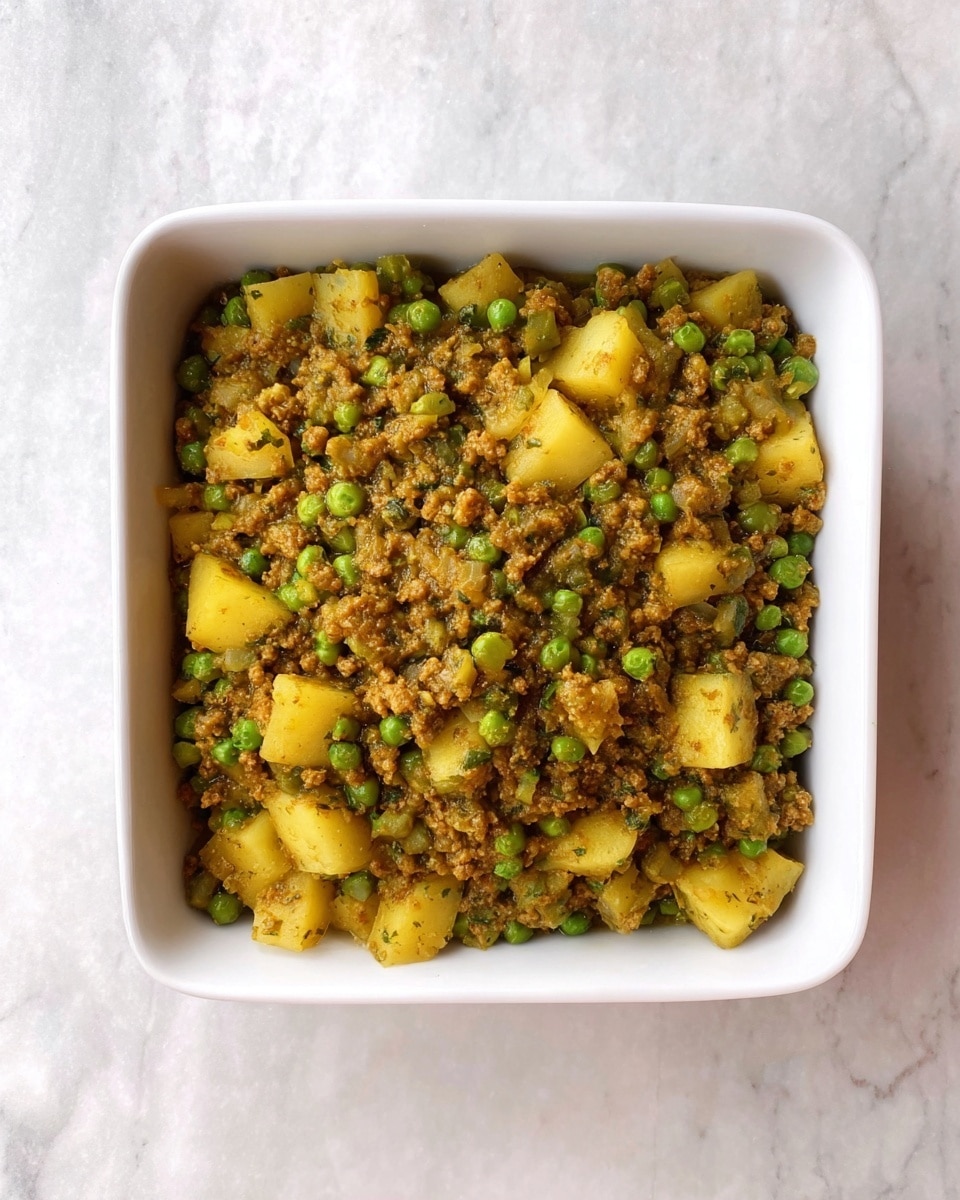 A top view of a square white dish filled with a single layer of cooked mixture made up of small green peas, yellow cubed potatoes, and light brown ground meat or crumbles, all combined in a sauce with a slightly oily texture and some visible green herbs scattered throughout. The dish is placed on a white marbled surface. Photo taken with an iphone --ar 4:5 --v 7