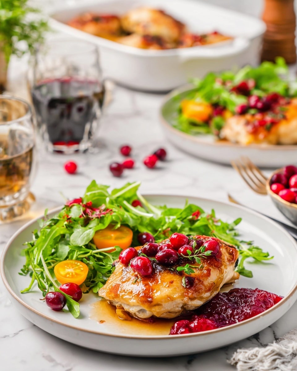 The image shows a white plate with three main parts: a shiny cooked chicken piece with a golden brown skin topped with red cranberries, a small bunch of bright green leafy salad with some yellow and orange cherry tomato halves mixed in to the left of the chicken, and a dollop of deep red cranberry sauce next to the chicken on the right side. The plate is on a white marbled surface. In the background, there is another similar white plate with the same food and a glass of dark drink next to it, along with a white bowl filled with more salad. A white ceramic dish with more chicken is blurred in the back, and some loose cranberries are scattered around. Photo taken with an iphone --ar 4:5 --v 7
